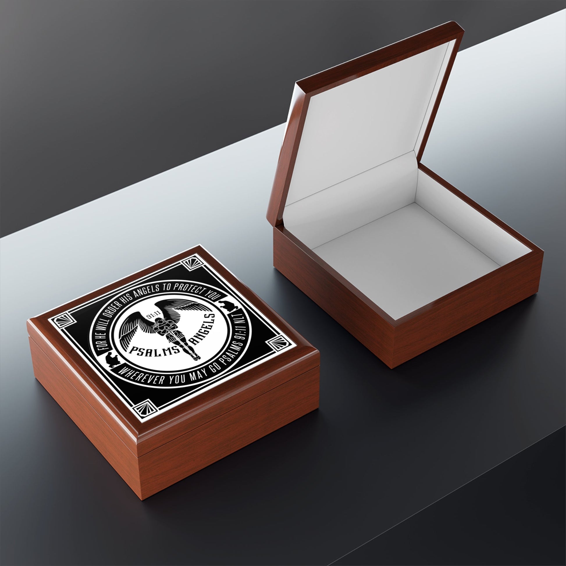 Psalms Angels Felt Lined, Wooden Keepsake Jewellery Box With A Ceramic Tiled Top Armour