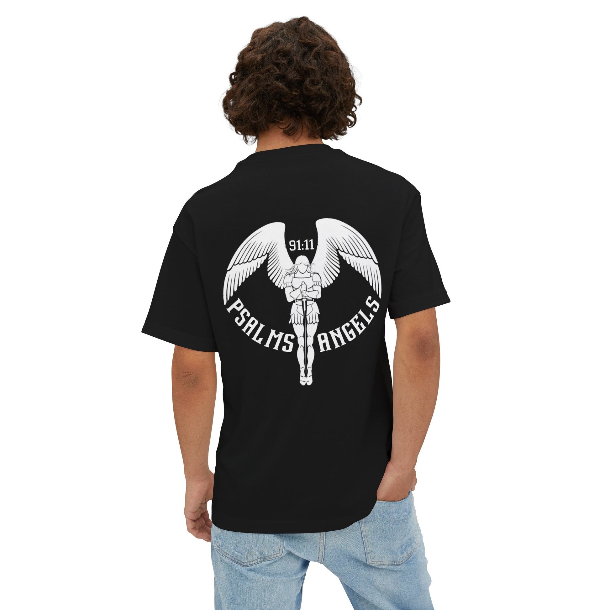 Psalms Angels Unisex Rear Printed Oversized Boxy Lux Tee - Black Armour