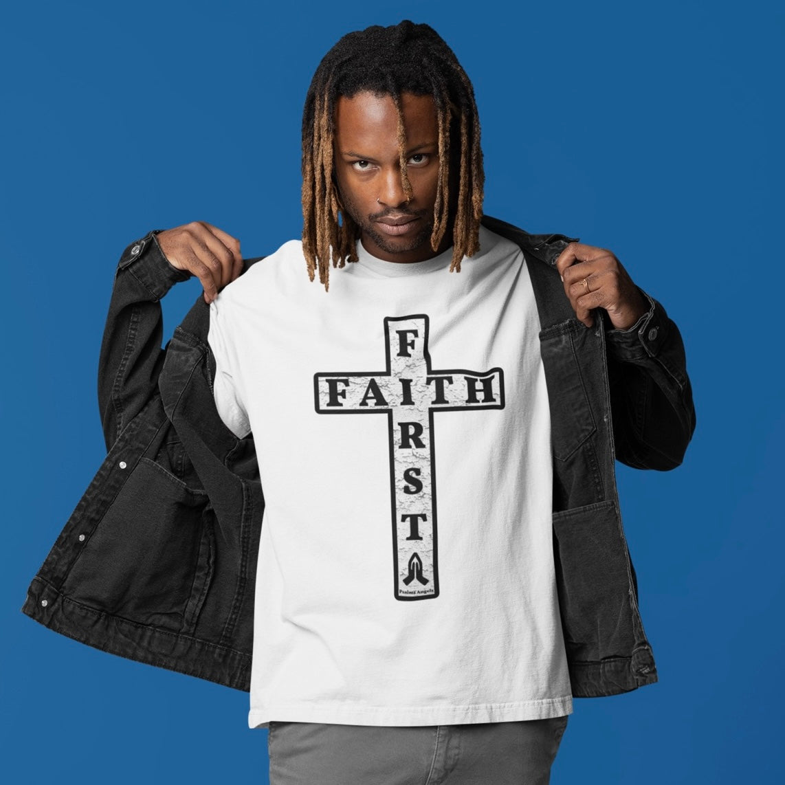Psalms Angels "Faith First" Graphic Unisex White Tee Printify