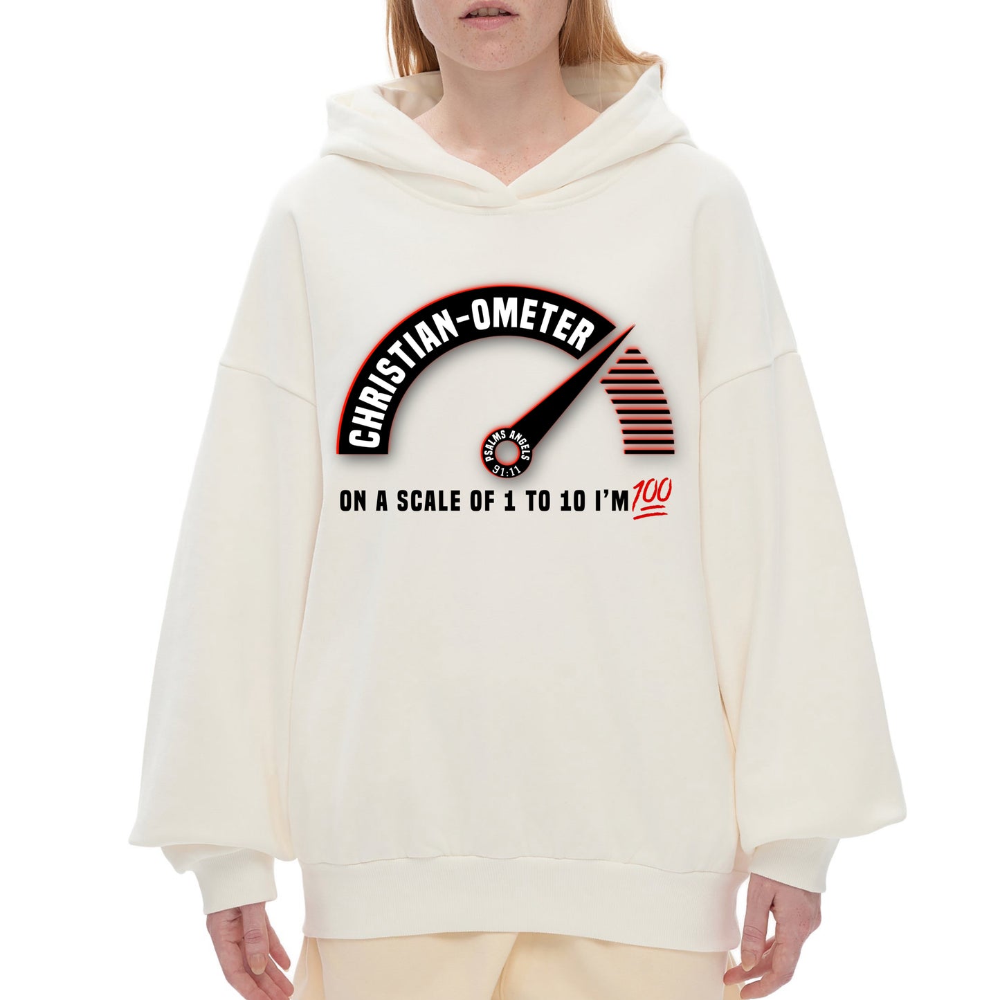Psalms Angels "100% Christian" Heavyweight Hidden Pocket Oversized 460GSM Halo Fleece Hoodie - Bone & White