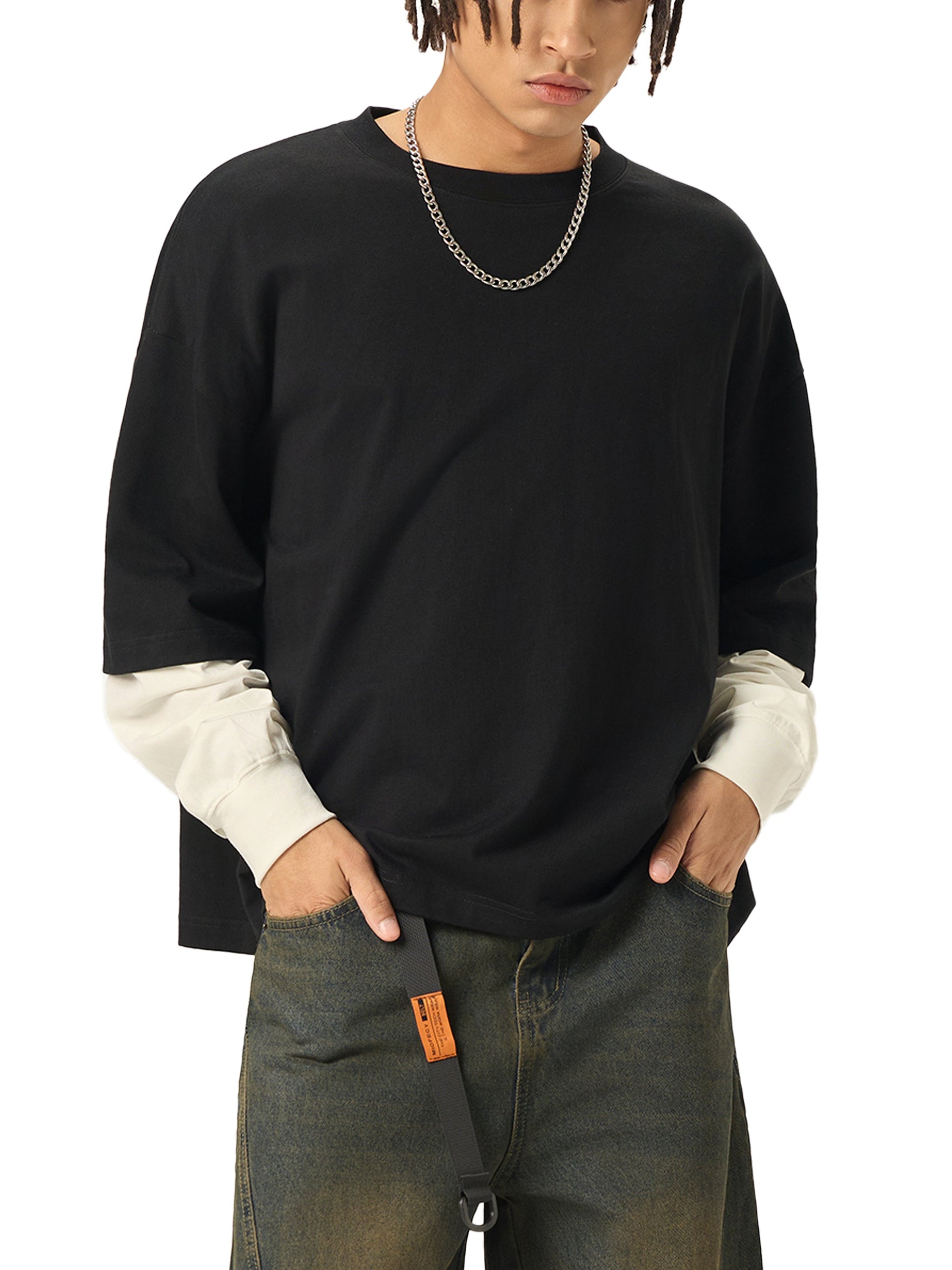 Psalms Angels Layered Contrast Sleeve Cotton T-Shirt
