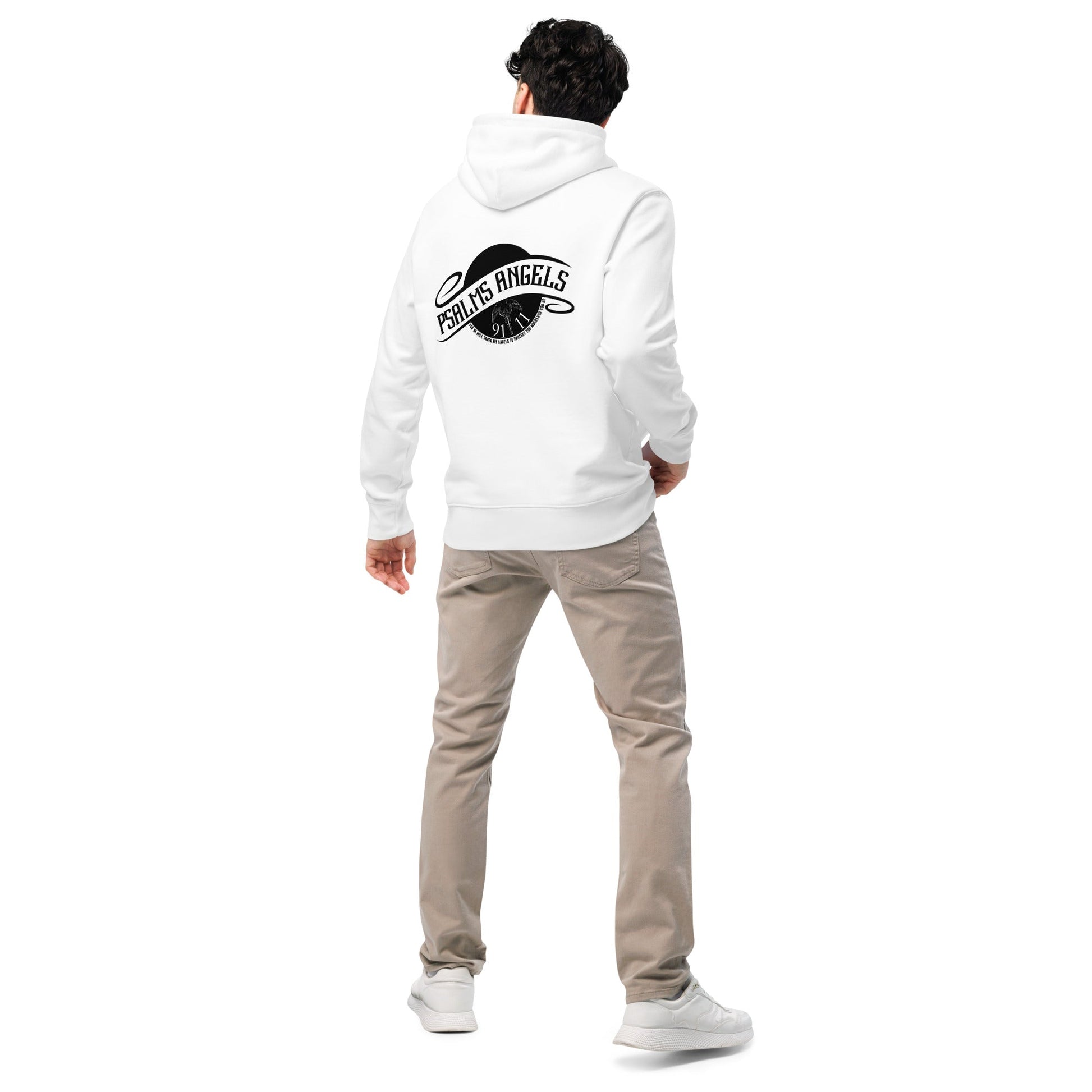 Psalm 91:11 Unisex Premium Heavyweight 100% Organic Cotton Rear Printed Hoodie - White Psalms 91.11