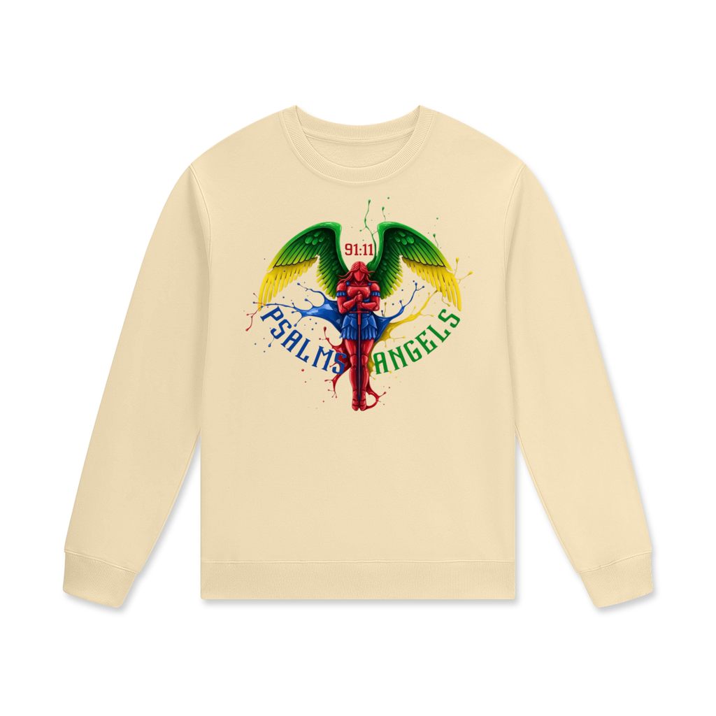 Beige long-sleeve shirt with colourful Psalms Angels graphic design on a white background
