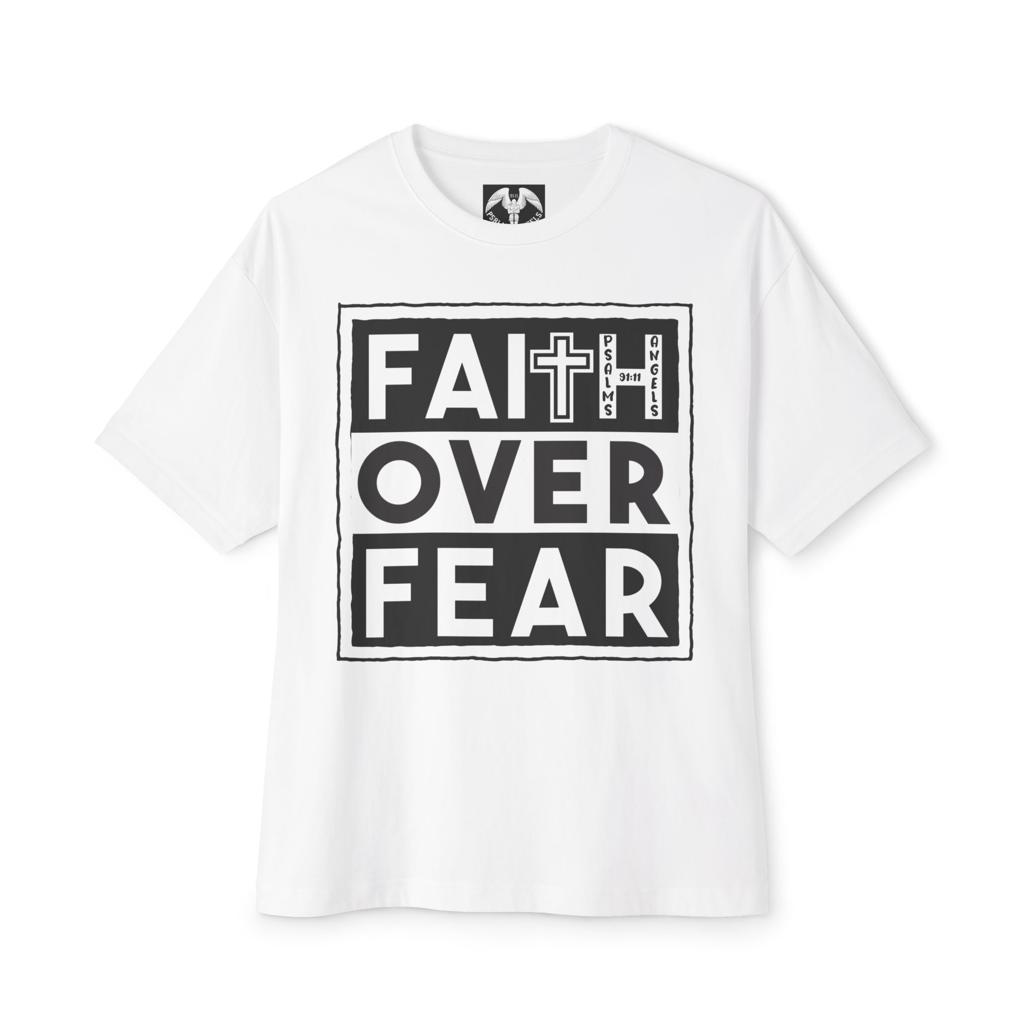 Faith Over Fear By Psalms Angels Unisex Oversized Boxy Lux Tee - White Armour