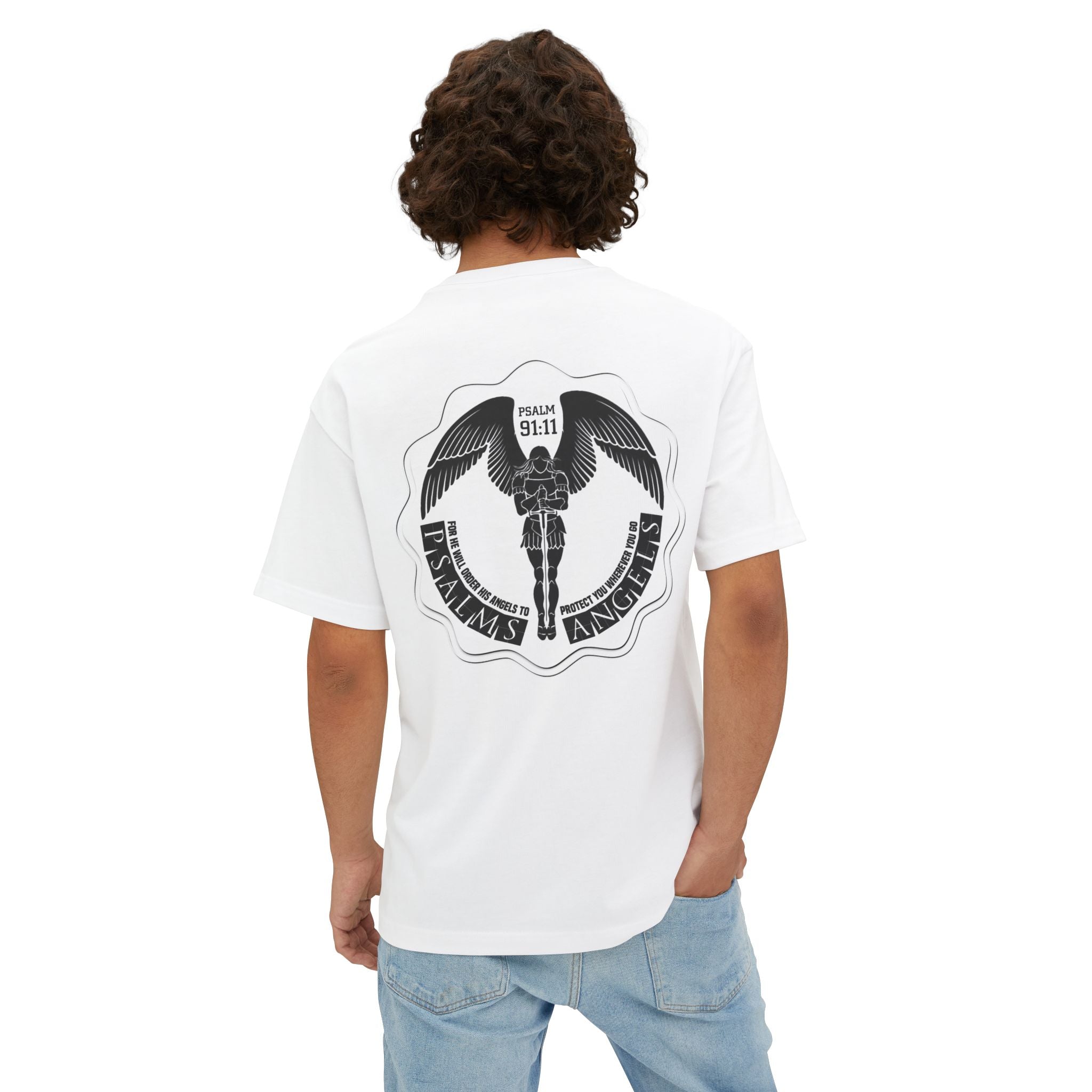 Protected By Psalms Angels Unisex Rear Printed Oversized Boxy Lux Tee - White Armour