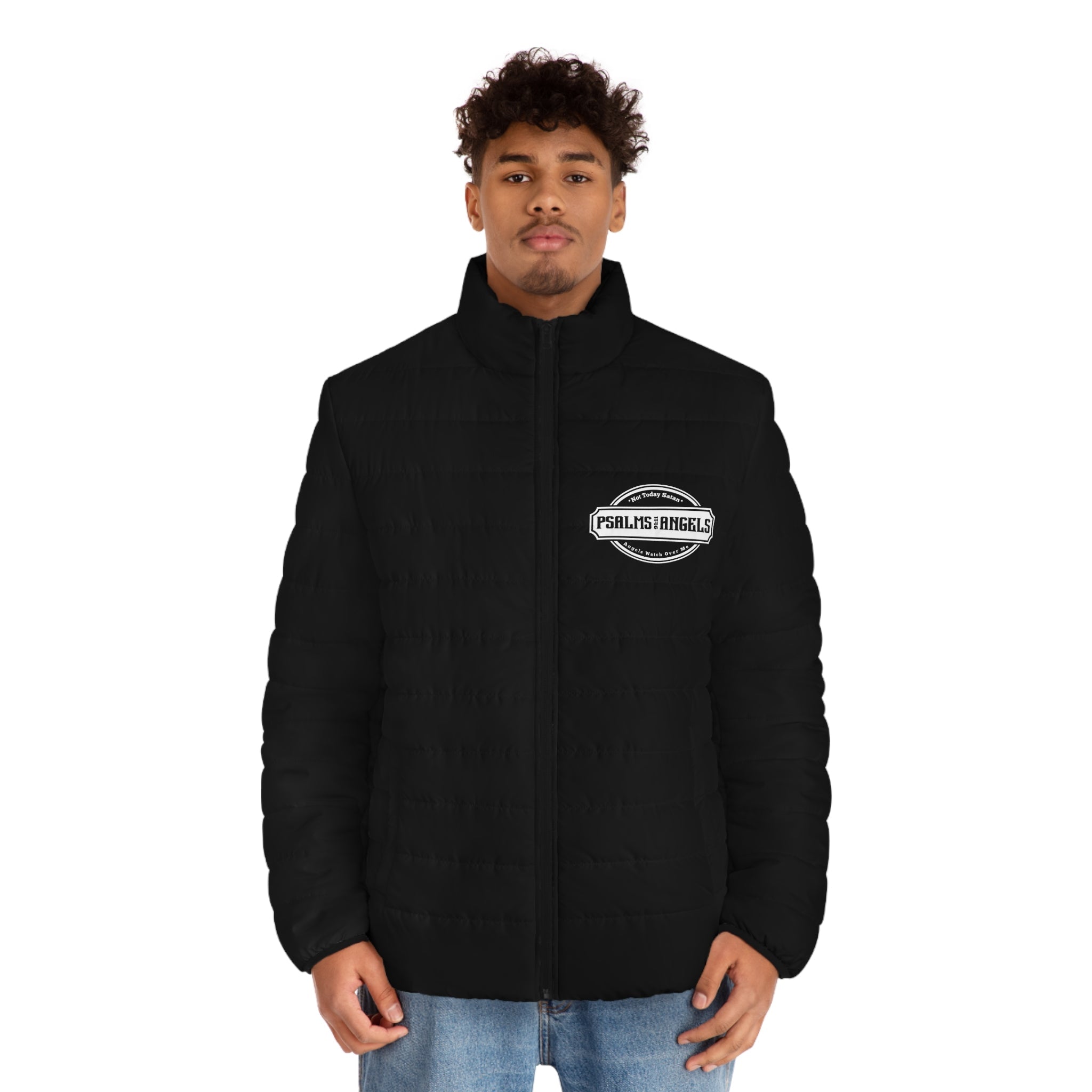 Angels Watch Over Me Men's Puffer Jacket - Black Printify