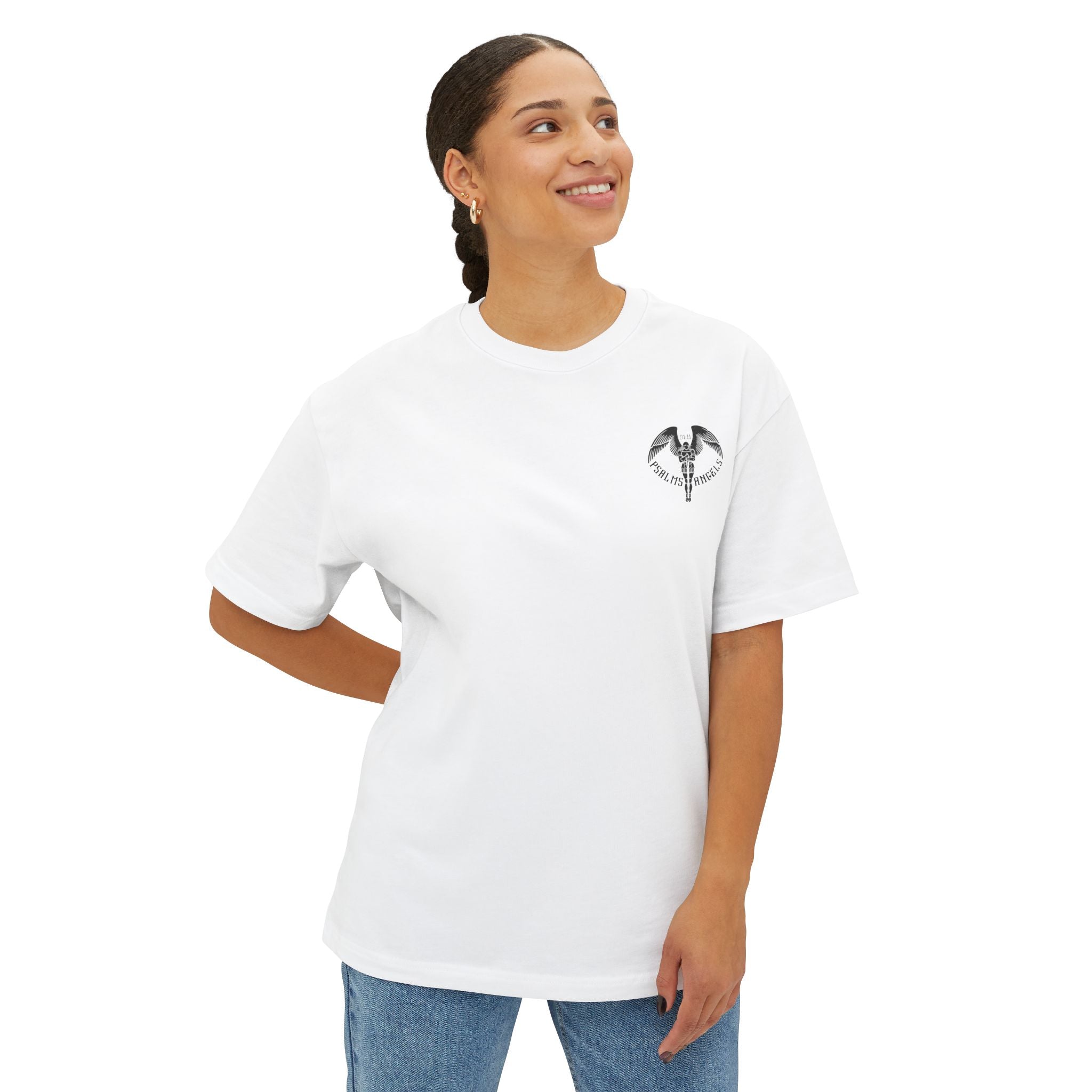 Psalms Angels Elevated Unisex Oversized Boxy Lux Tee - Printed Front And Back - Colour White Armour
