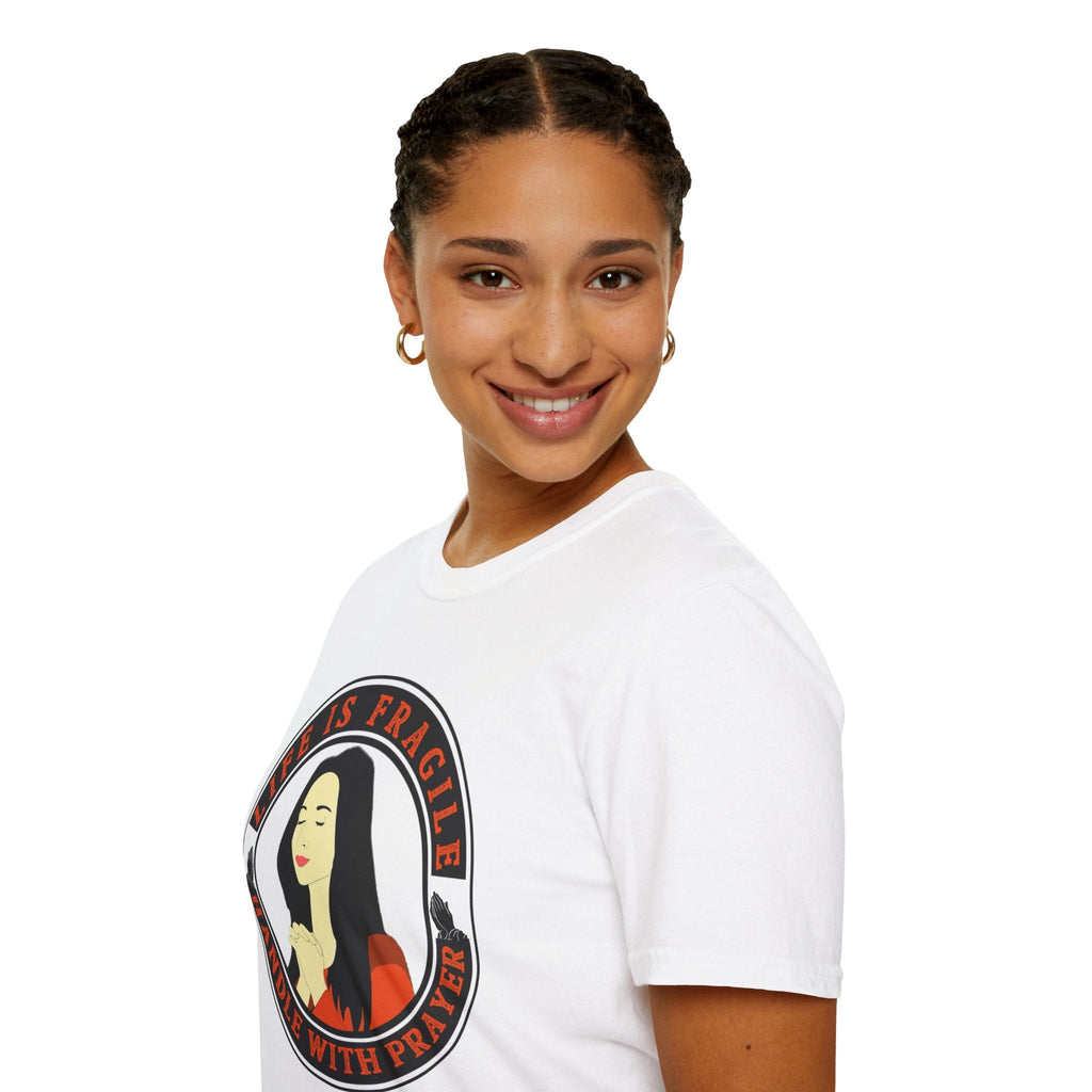 Psalms Angels "Life Is Fragile Handle With Prayer" Graphic Unisex White Tee Amour