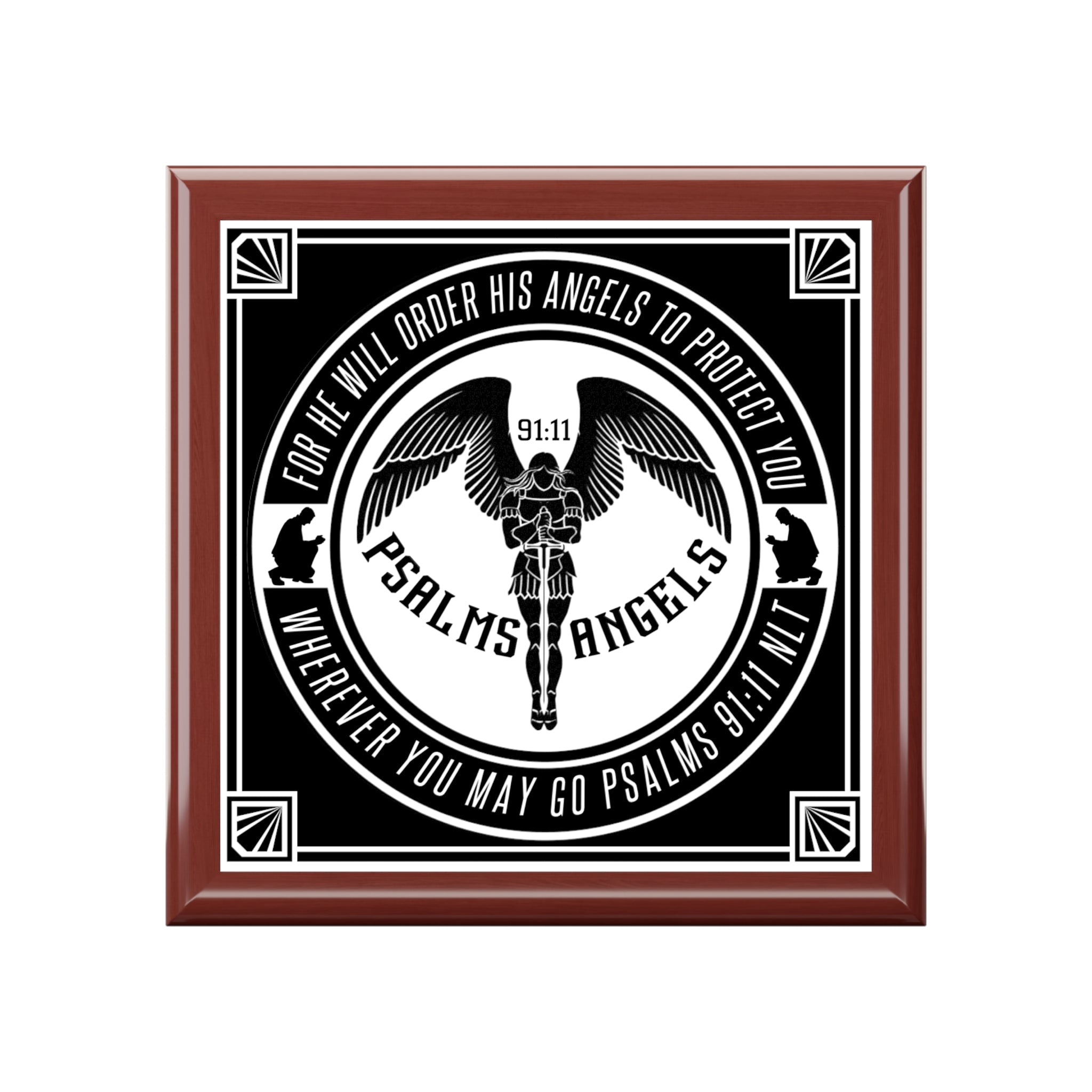 Psalms Angels Felt Lined, Wooden Keepsake Jewellery Box With A Ceramic Tiled Top Armour