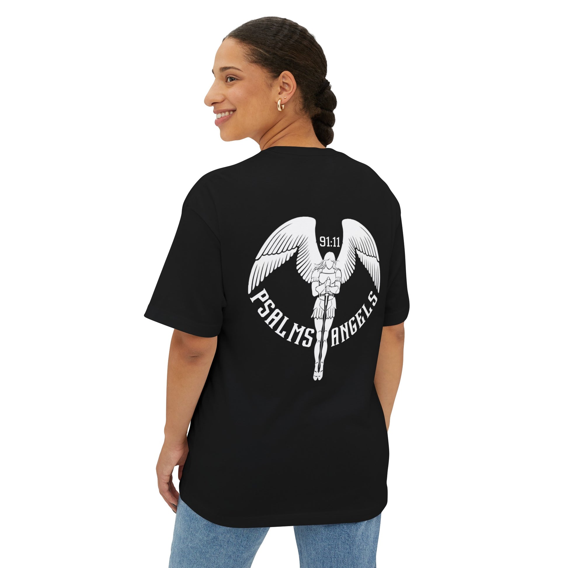 Psalm 91 black Psalms Angels Oversized Boxy Lux Rear Printed Teeshirt