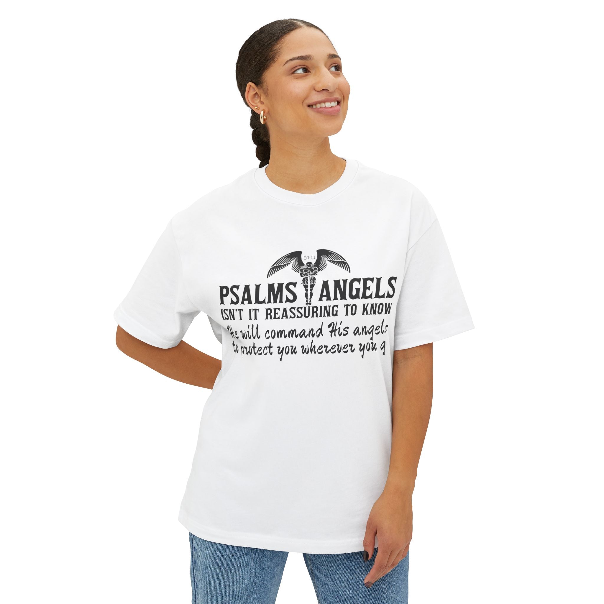 Be Reassured By Psalms Angels Unisex Oversized Boxy Lux Tee - White Armour