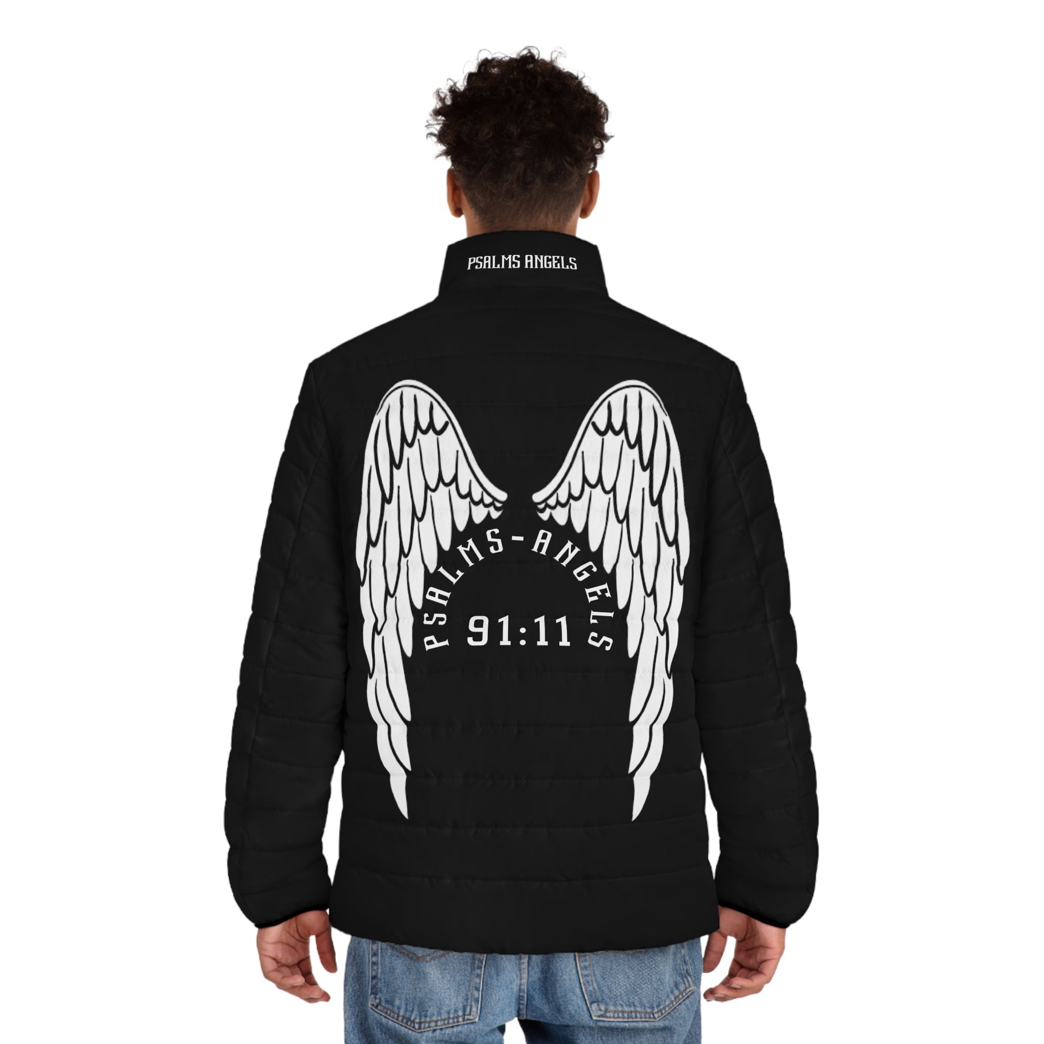 Angels Watch Over Me Men's Puffer Jacket - Black Printify