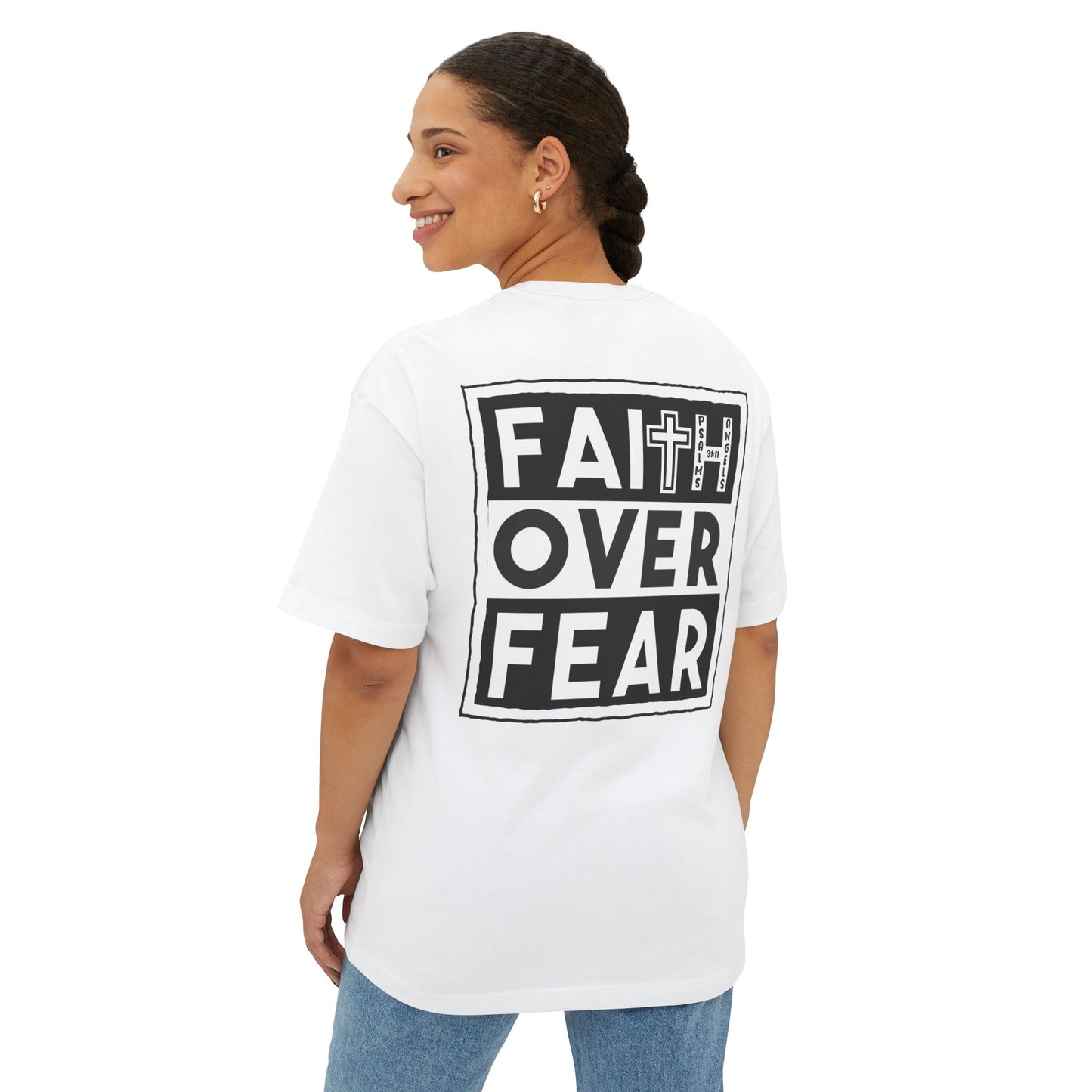 Faith Over Fear By Psalms Angels Unisex Rear Printed Oversized Boxy Lux Tee - White