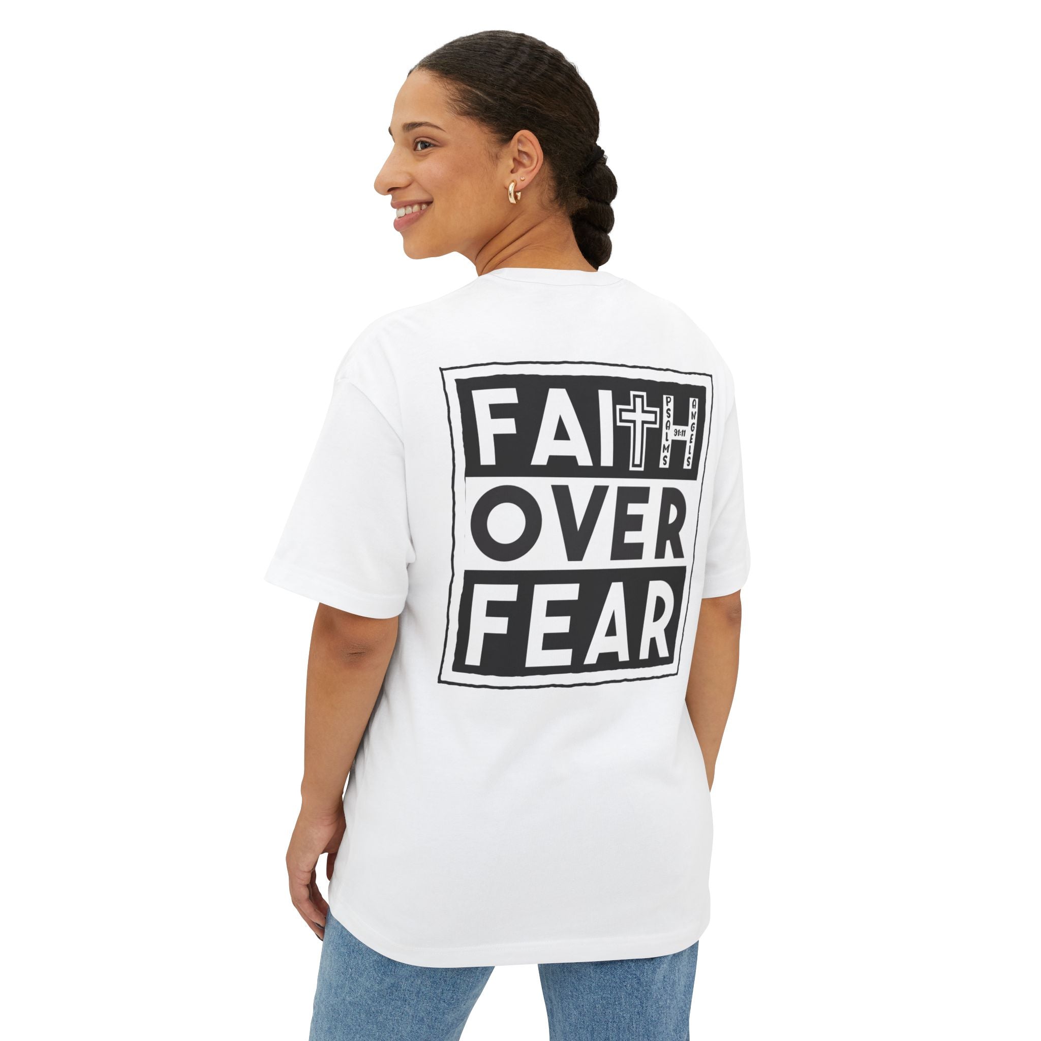 Faith Over Fear By Psalms Angels Unisex Rear Printed Oversized Boxy Lux Tee - White Armour