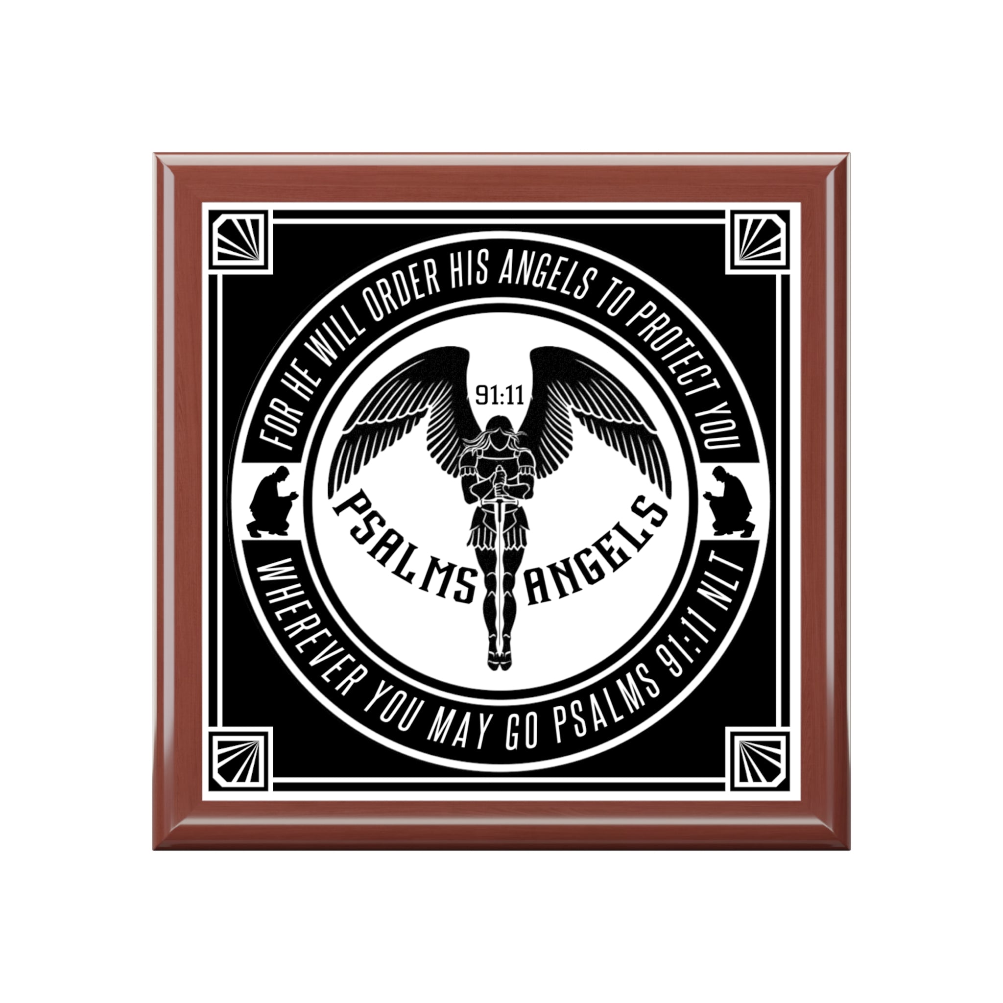 Psalms Angels Felt Lined, Wooden Keepsake Jewellery Box With A Ceramic Tiled Top Armour