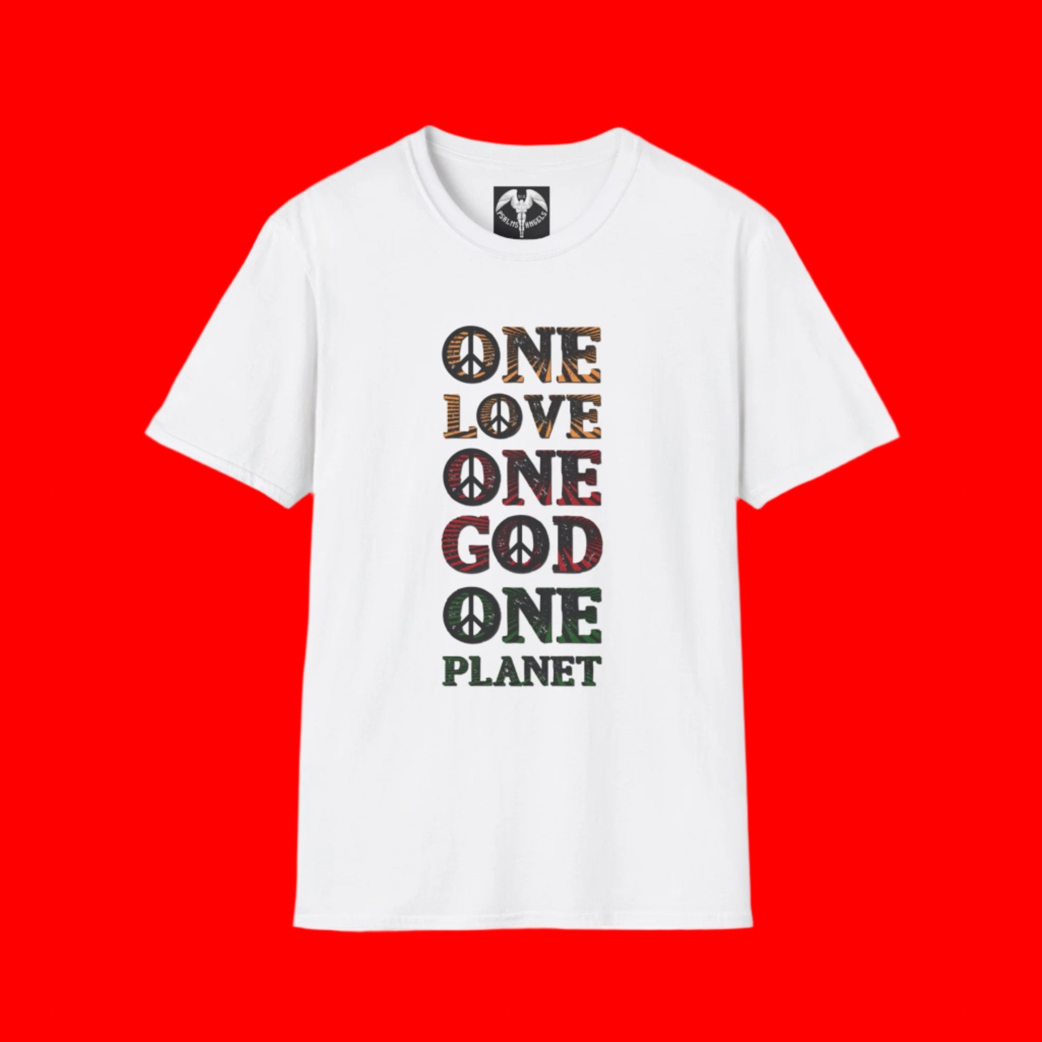 One love, one God, one planet printed on a white teeshirt