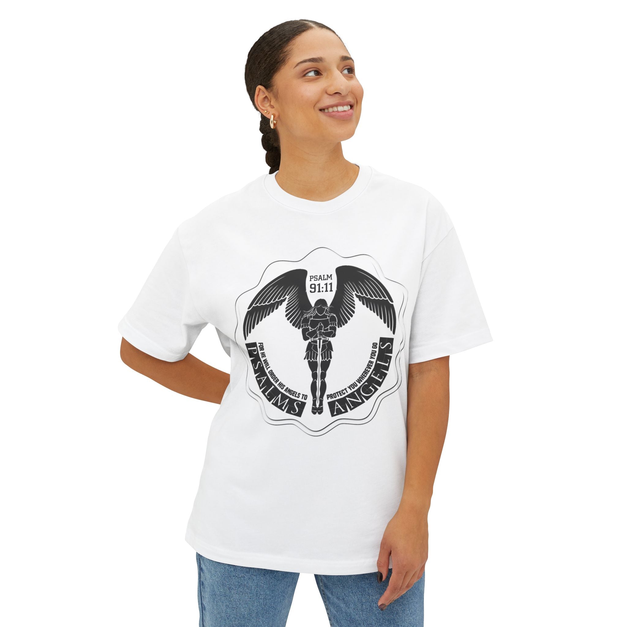 Protected By Psalms Angels Unisex Oversized Boxy Lux Tee - White Armour
