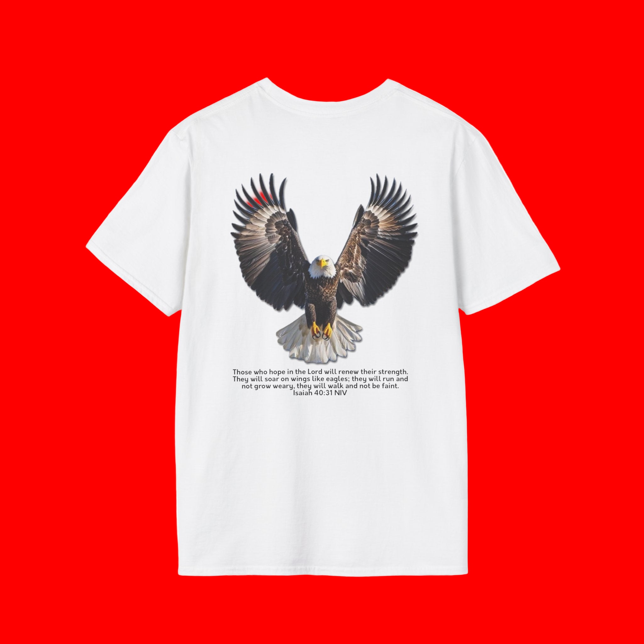 A white t-shirt with an eagle design and Bible verse Isaiah 40:31 on the back, against a red background.