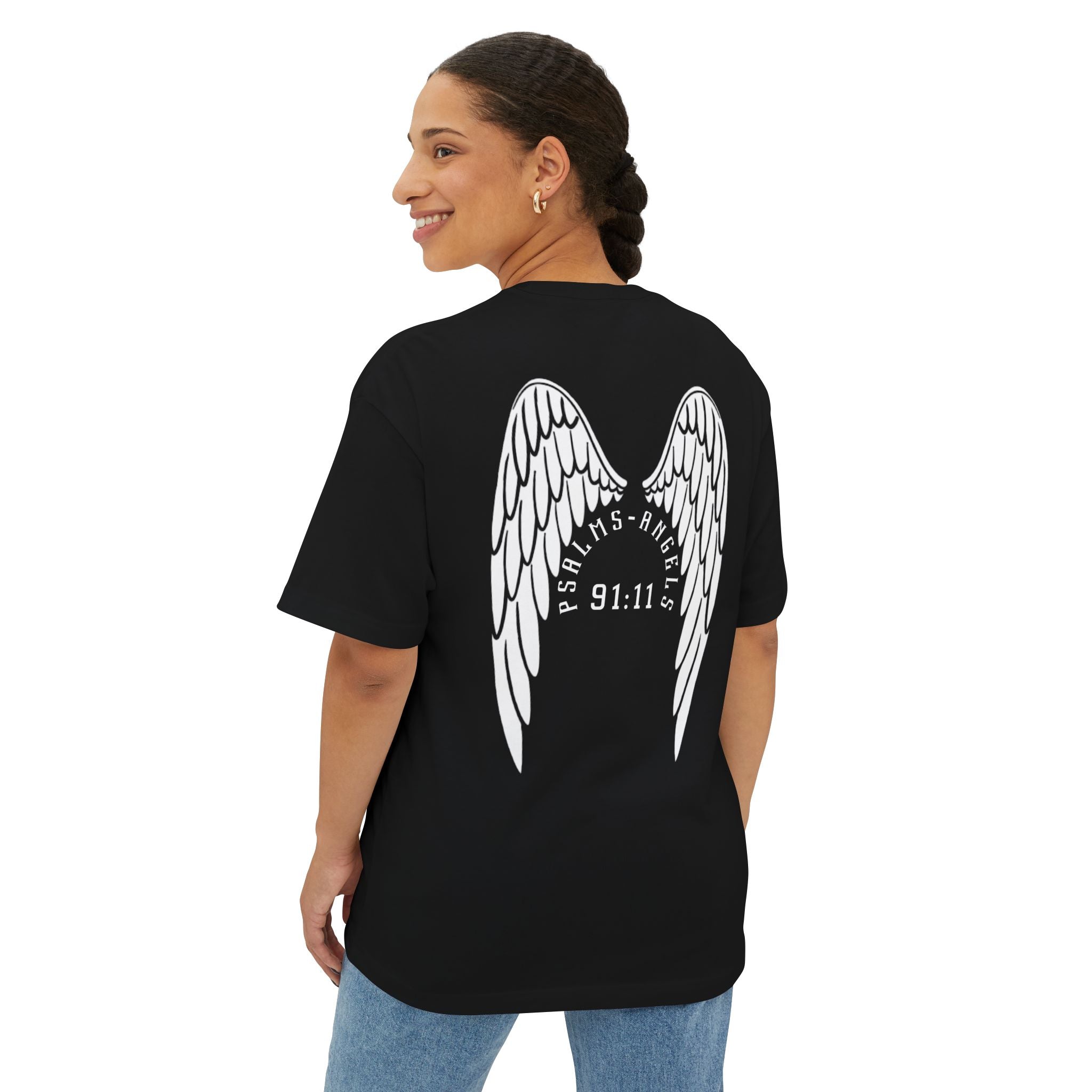 I Walk With Angels Unisex Oversized Boxy Lux Rear Printed Tee - Black Armour