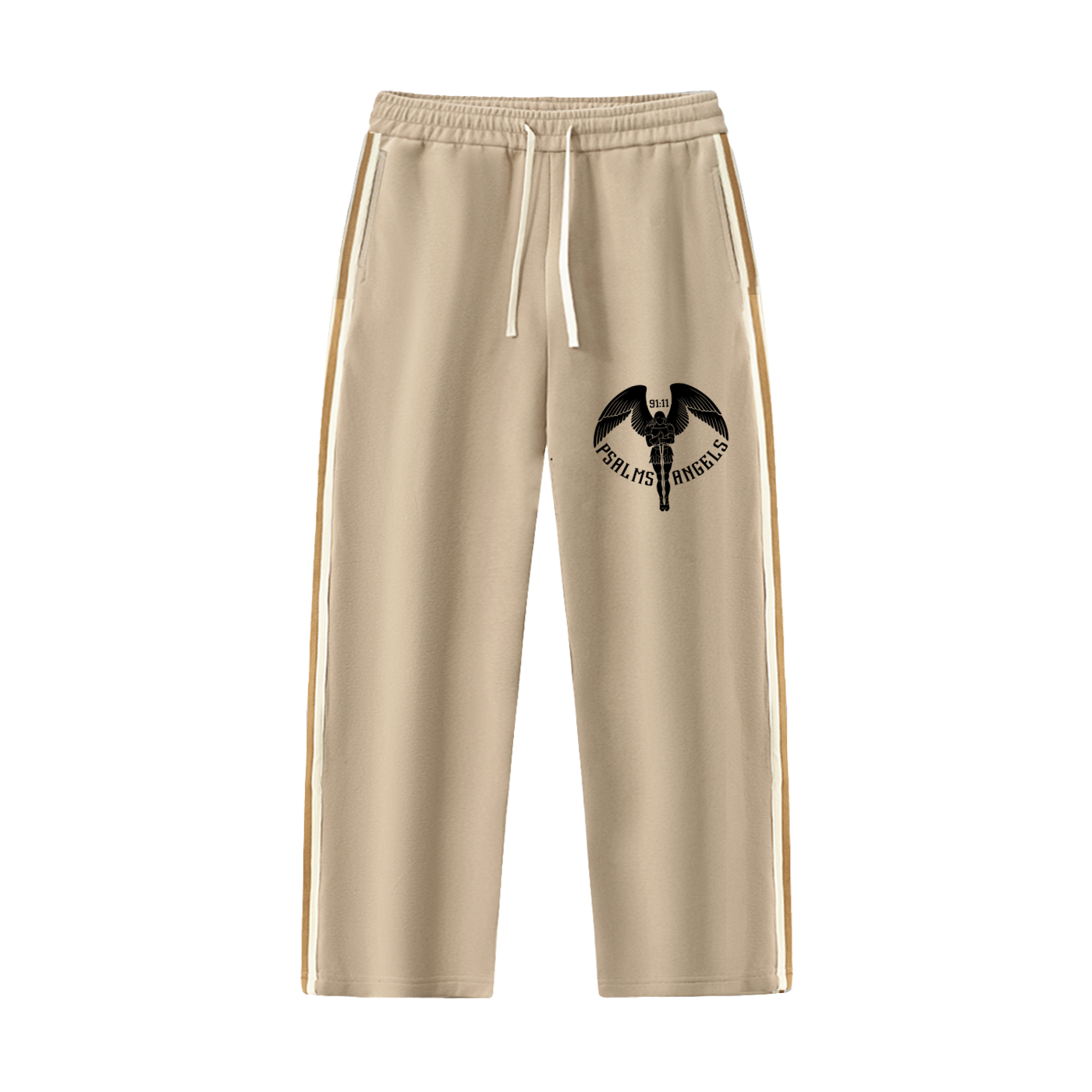 Beige side stripe sweatpants with a Psalms Angels logo on a white background front view
