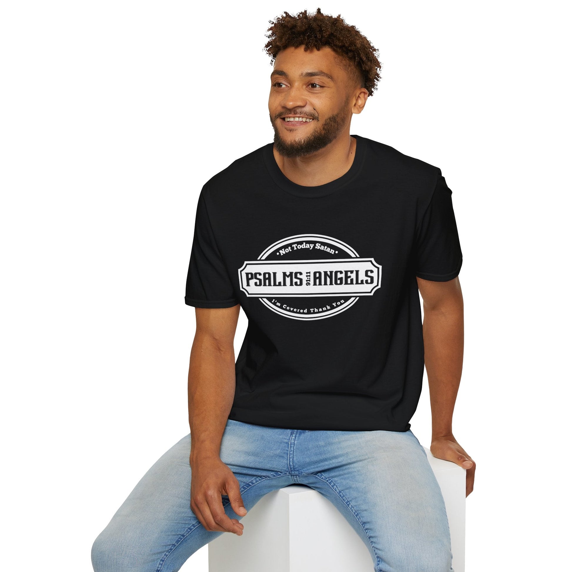 Psalms Angels "Covered In Jesus Name" Graphic Unisex Black Tee Printify