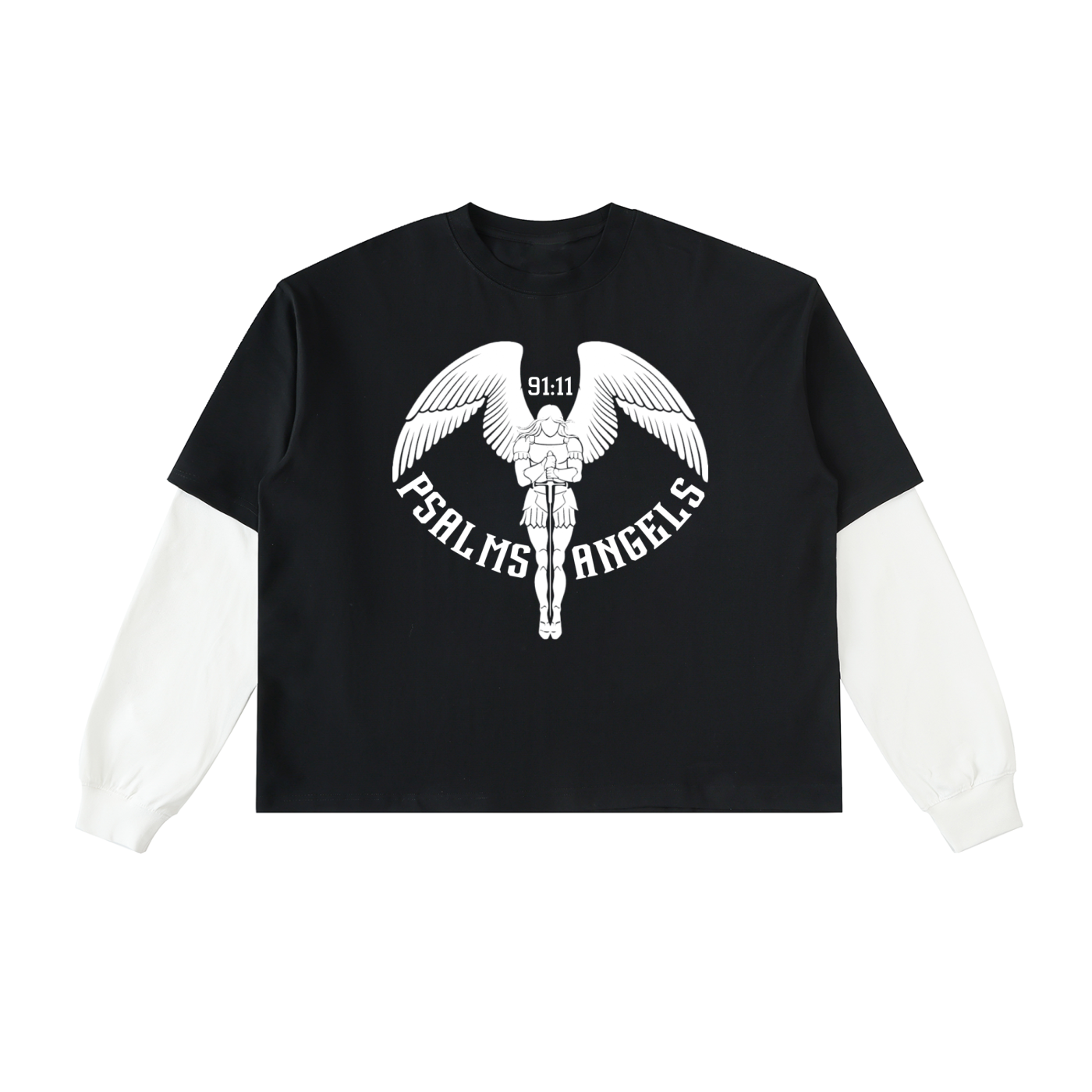 Psalms Angels Layered Contrast Sleeve Cotton T-Shirt ODMPOD
