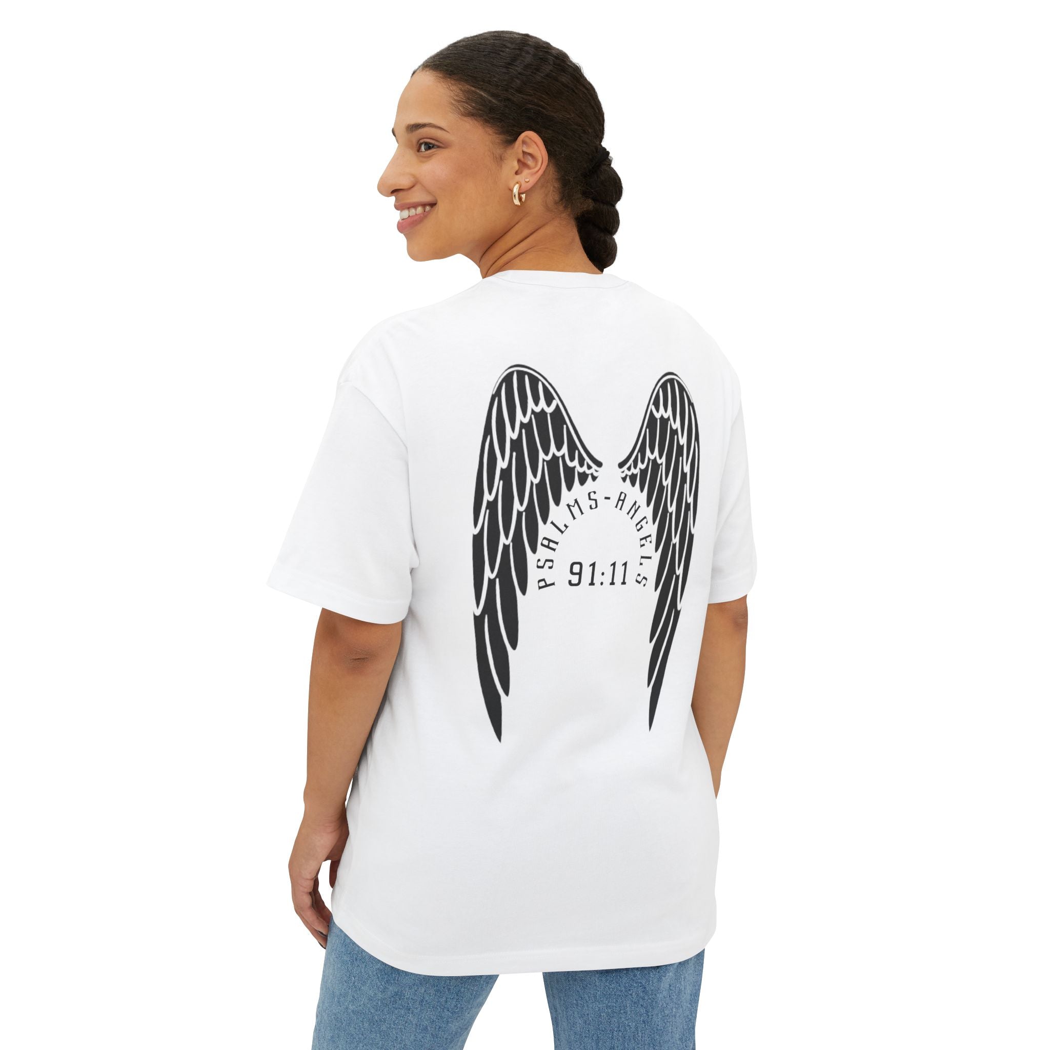 I Walk With Angels Unisex Rear Printed Oversized Boxy Lux Tee - White Armour