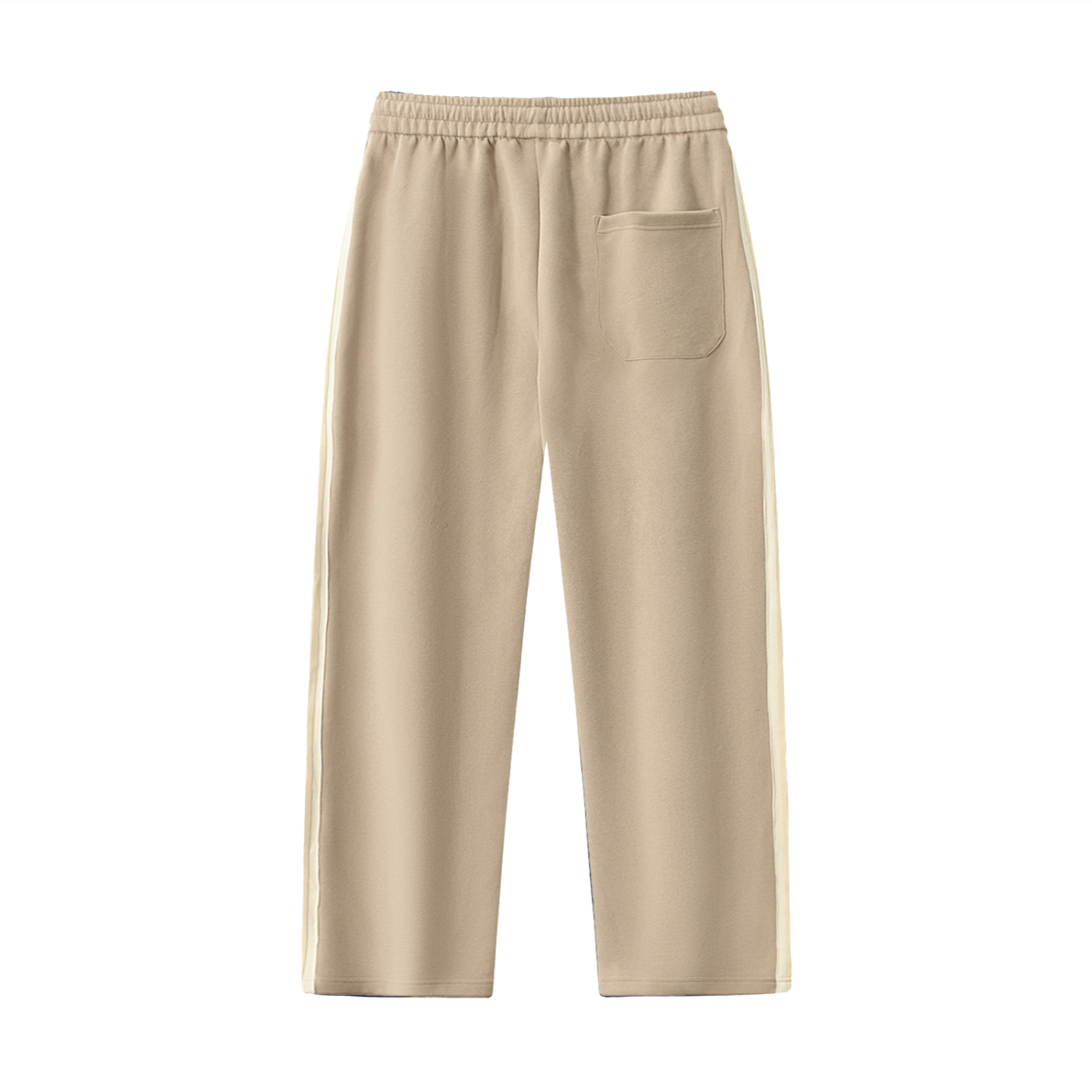 Beige side stripe sweatpants with a Psalms Angels logo on a white background rear view