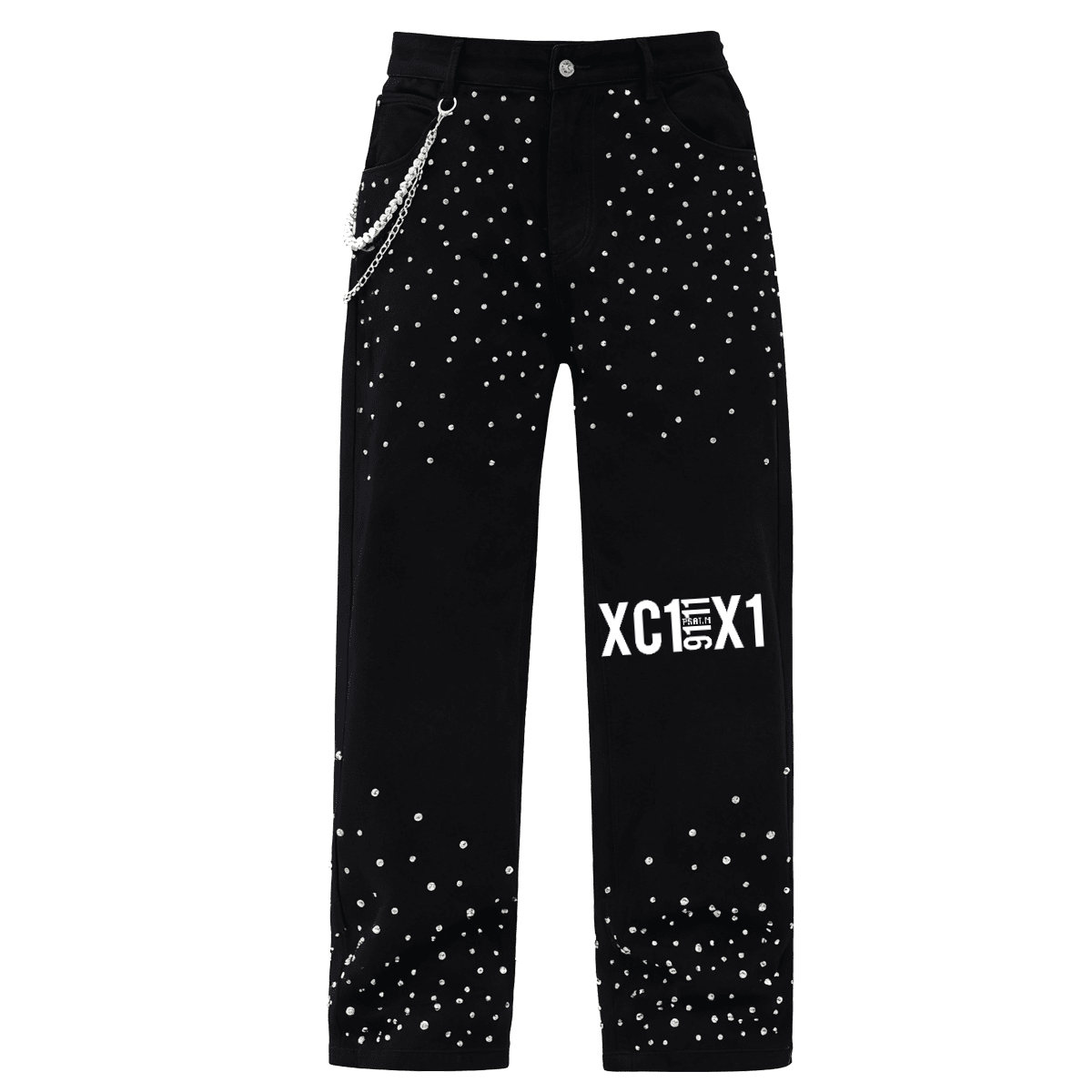 Unisex Rhinestone-Embellished Relaxed Straight Leg Jeans - Black Psalms-Angels.com