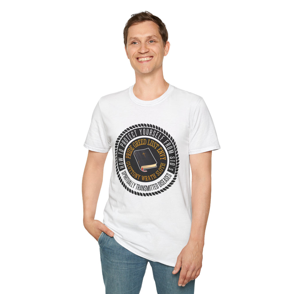 Protect Yourself From STD’s "Spirituality Transmitted Diseases" Graphic Unisex White Tee - Psalms-Angels.com