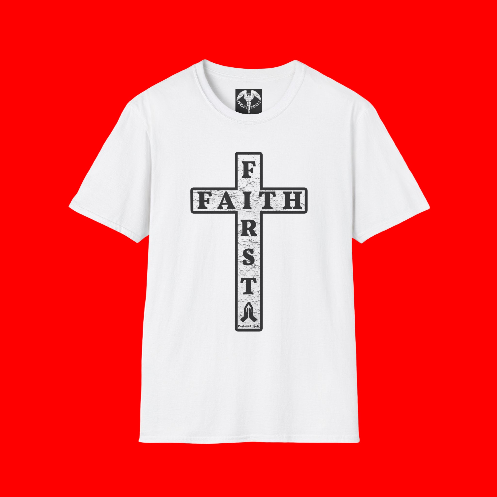 White t-shirt with 'Faith First' cross design on a white background