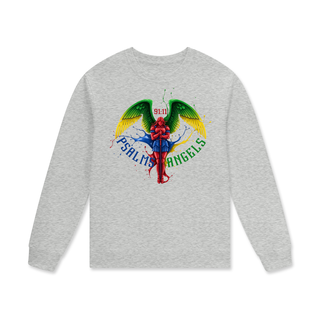 Grey sweatshirt with colourful graphic Psalms Angels design on a white background