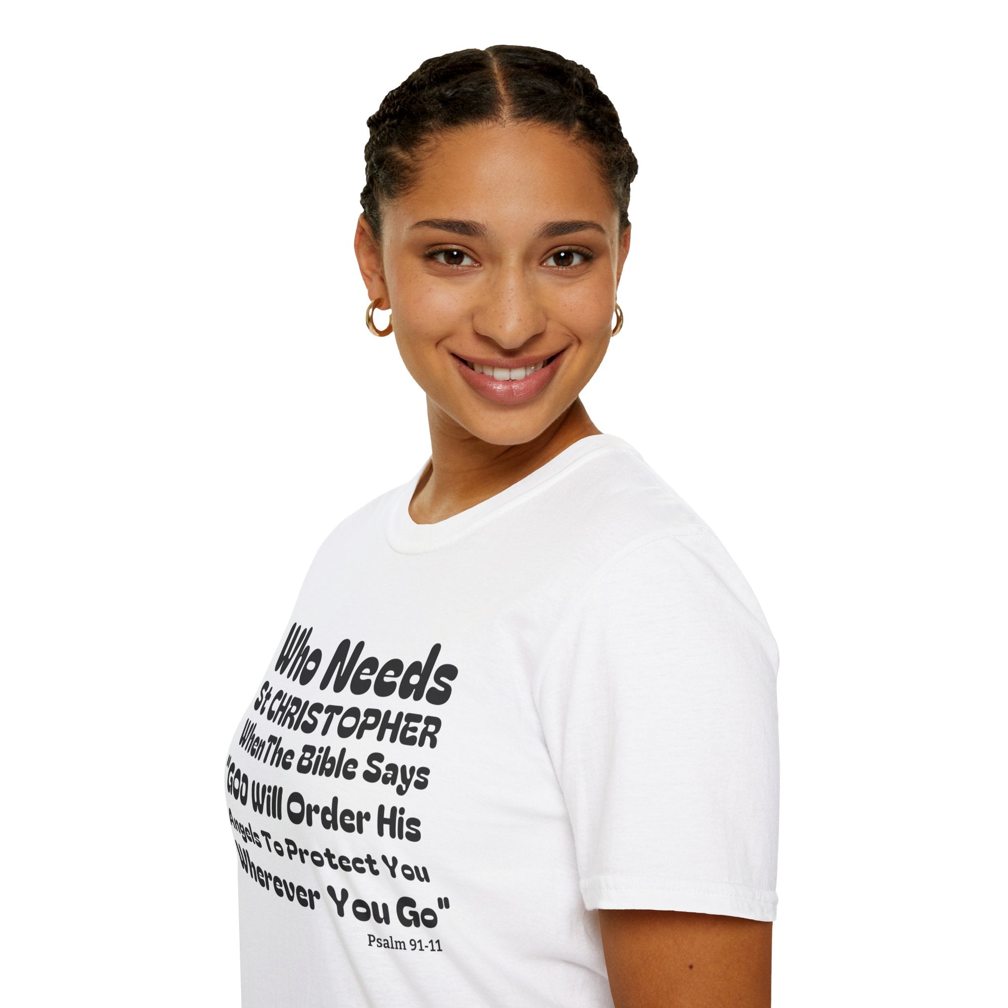 Psalms Angels "Who Needs St Christopher" Graphic Unisex White Tee Amour