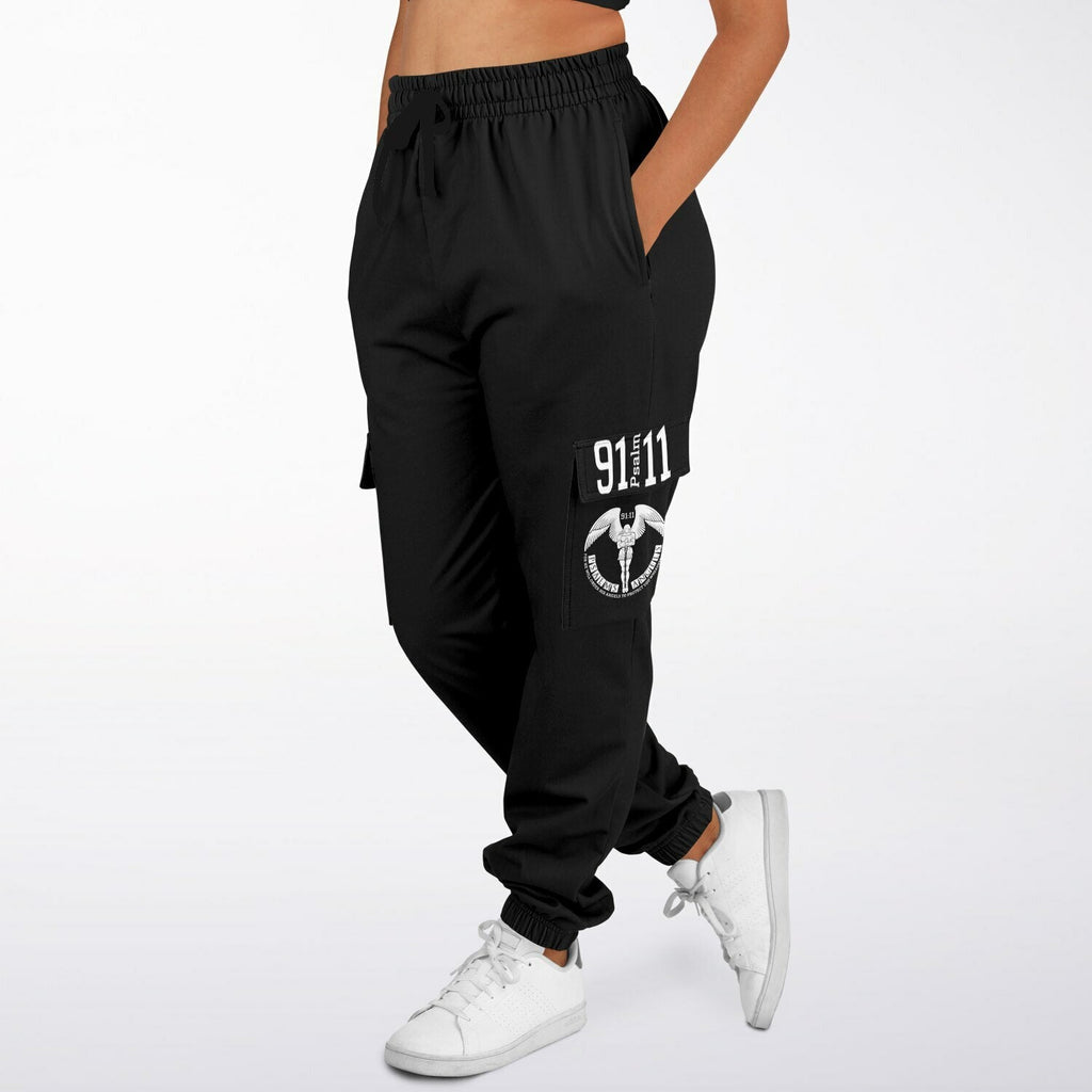Psalms Angels 91:11 Unisex Vegan Friendly Recycled Polyester Athletic Cargo Sweatpants - Black Substantial