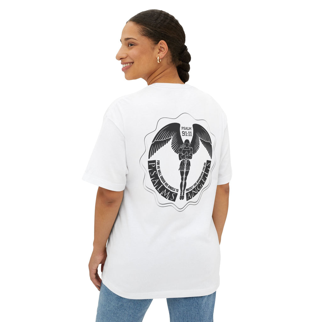 Protected By Psalms Angels Unisex Rear Printed Oversized Boxy Lux Tee - White Armour