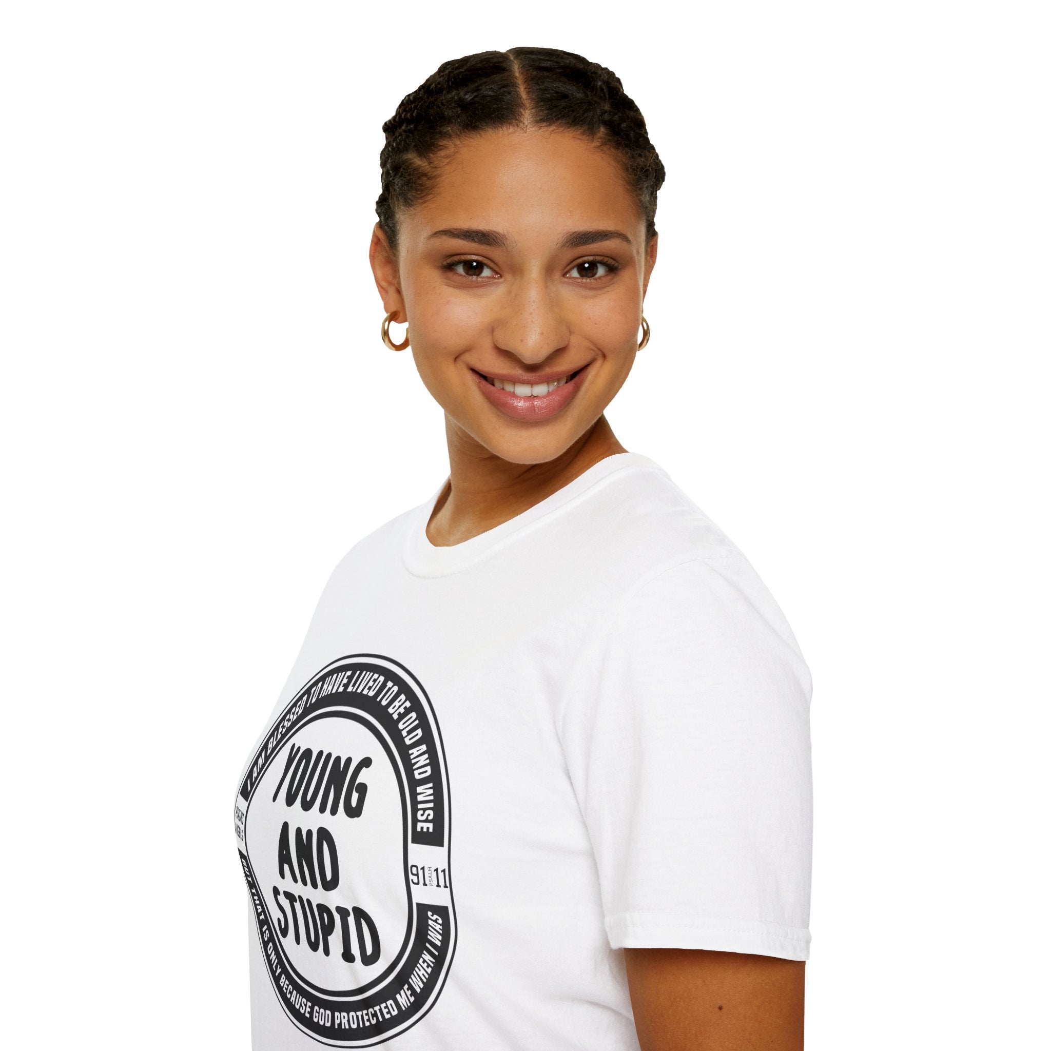 Psalms Angels "I Was Young And Stupid" Graphic Unisex White Tee Amour