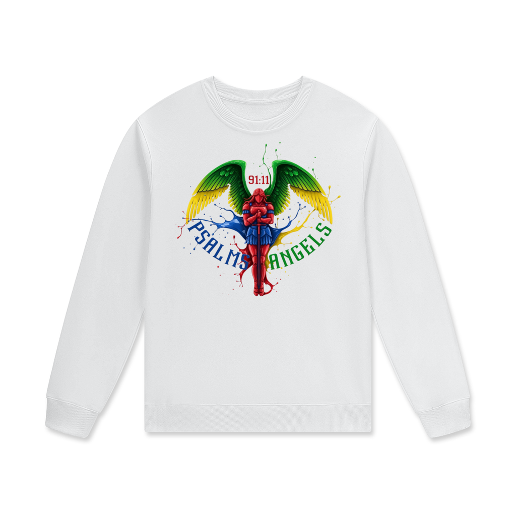 White long-sleeve sweatshirt with colourful Psalms Angels graphic design on a white background