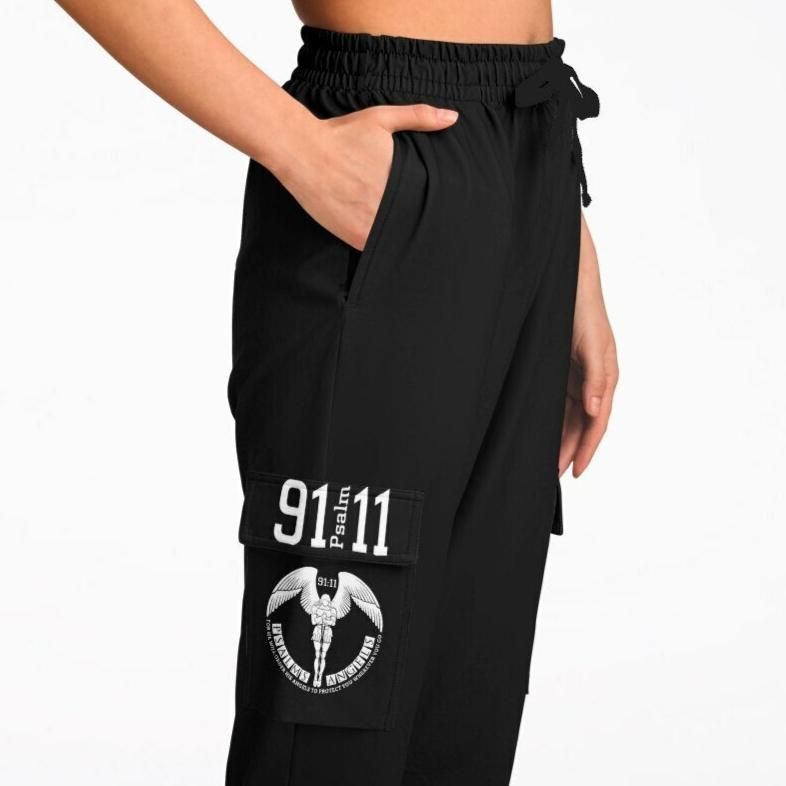 Psalms Angels 91:11 Unisex Vegan Friendly Recycled Polyester Athletic Cargo Sweatpants - Black Substantial