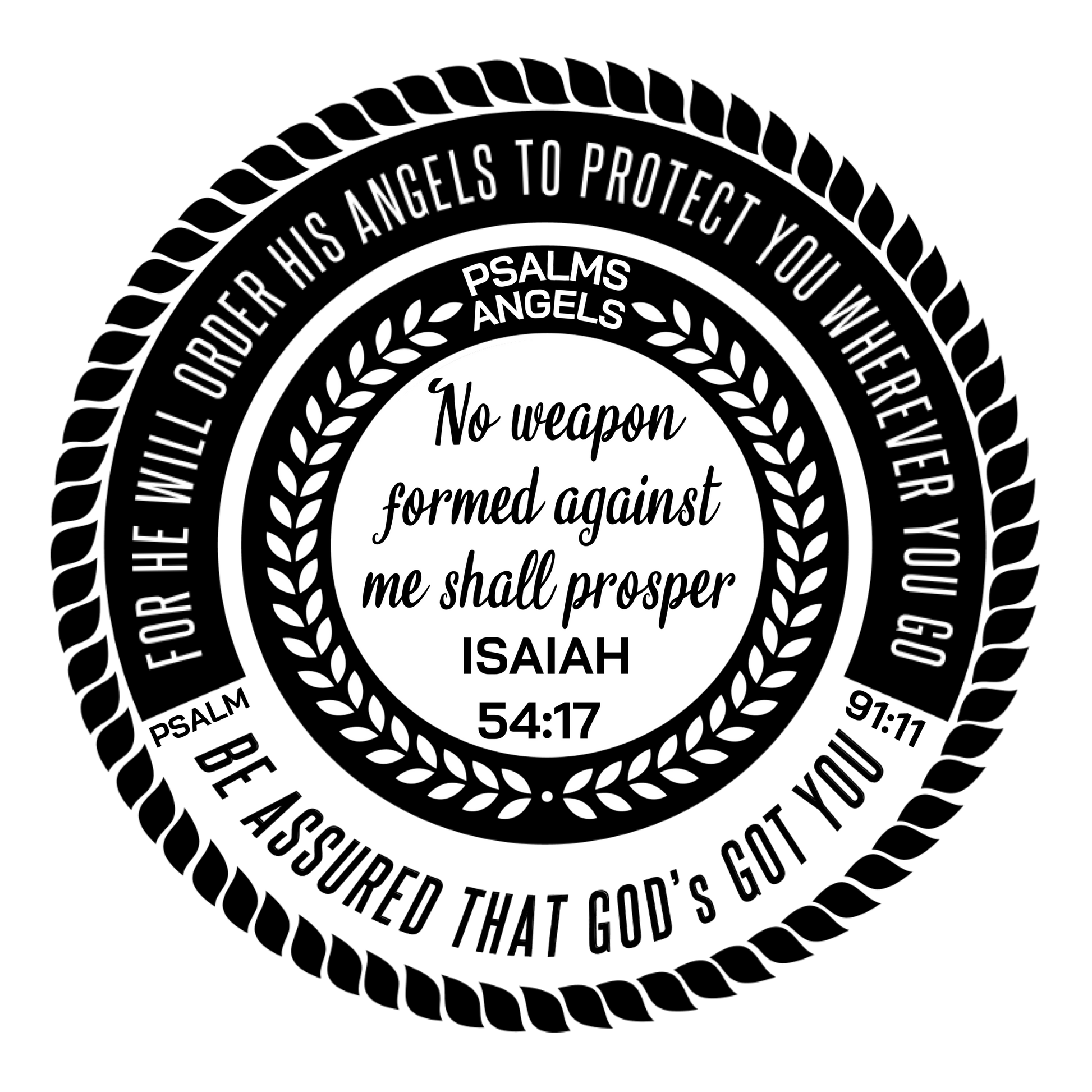 Isaiah 54:17 Psalms Angels circular free PNG transparent background download design with a Bible verse.