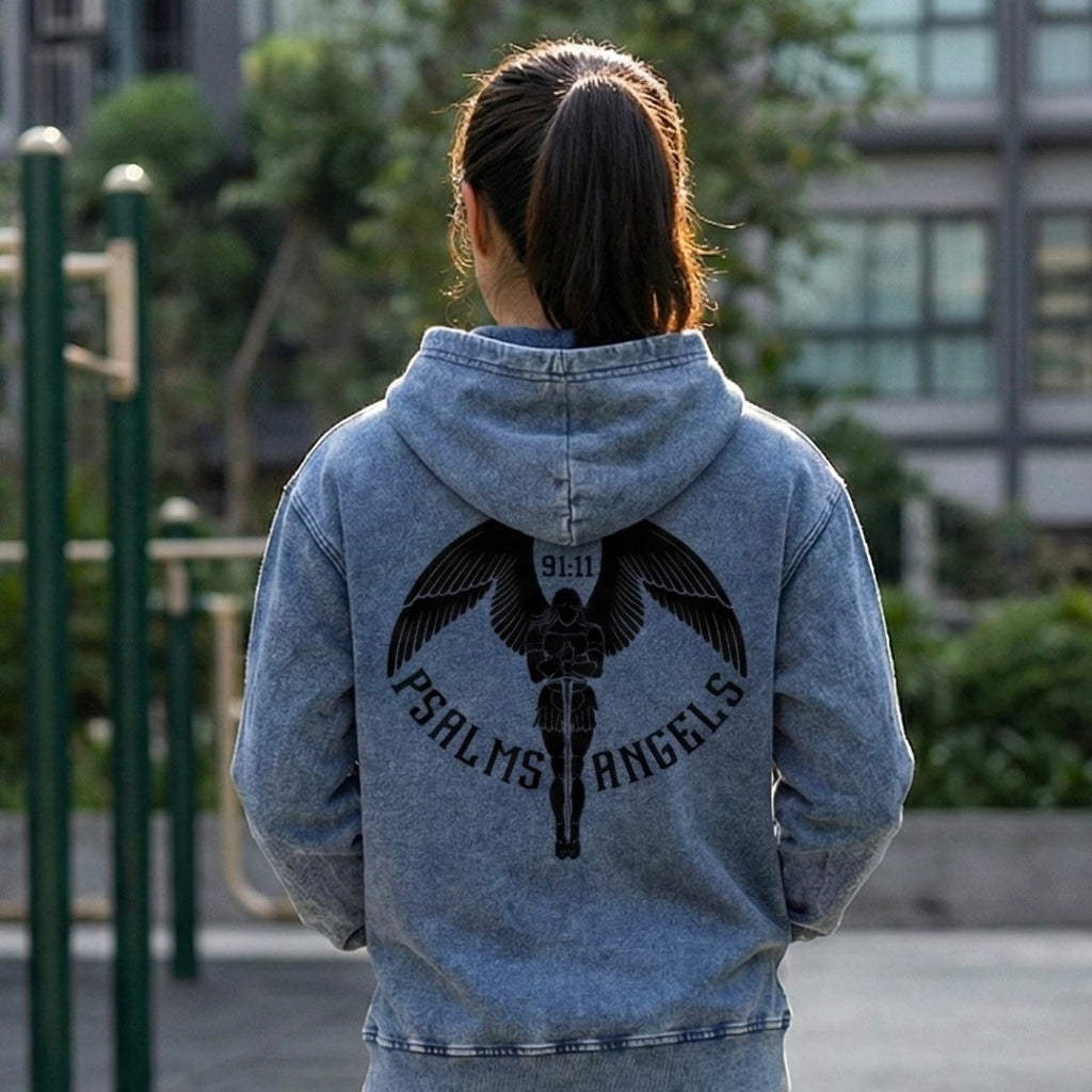 Psalm 91:11 Roman Numeral Snow Wash Oversized Denim Hoodie ODMPOD