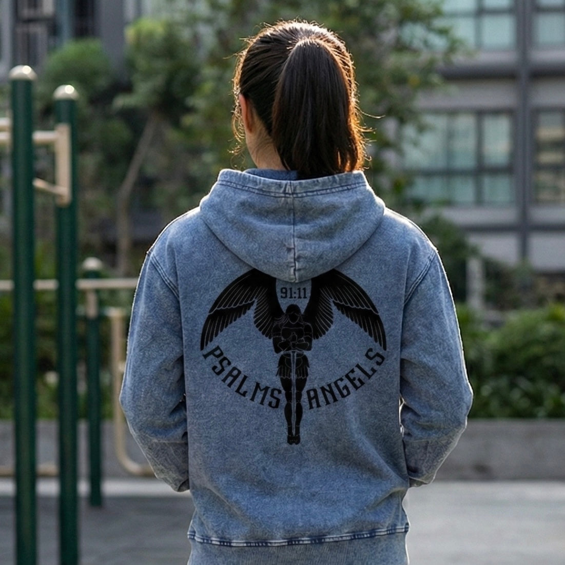 Psalm 91:11 Roman Numeral Snow Wash Oversized Denim Hoodie ODMPOD