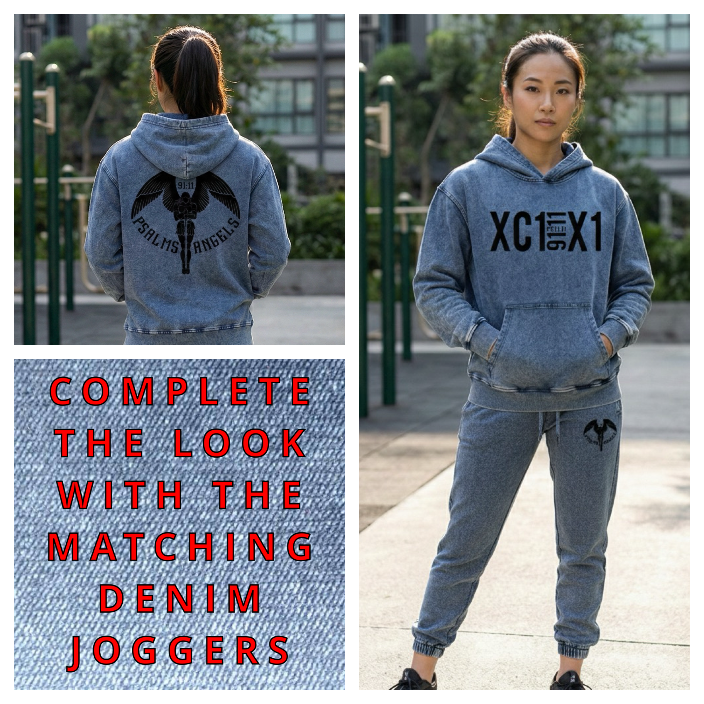 Psalm 91:11 Roman Numeral Snow Wash Oversized Denim Hoodie ODMPOD