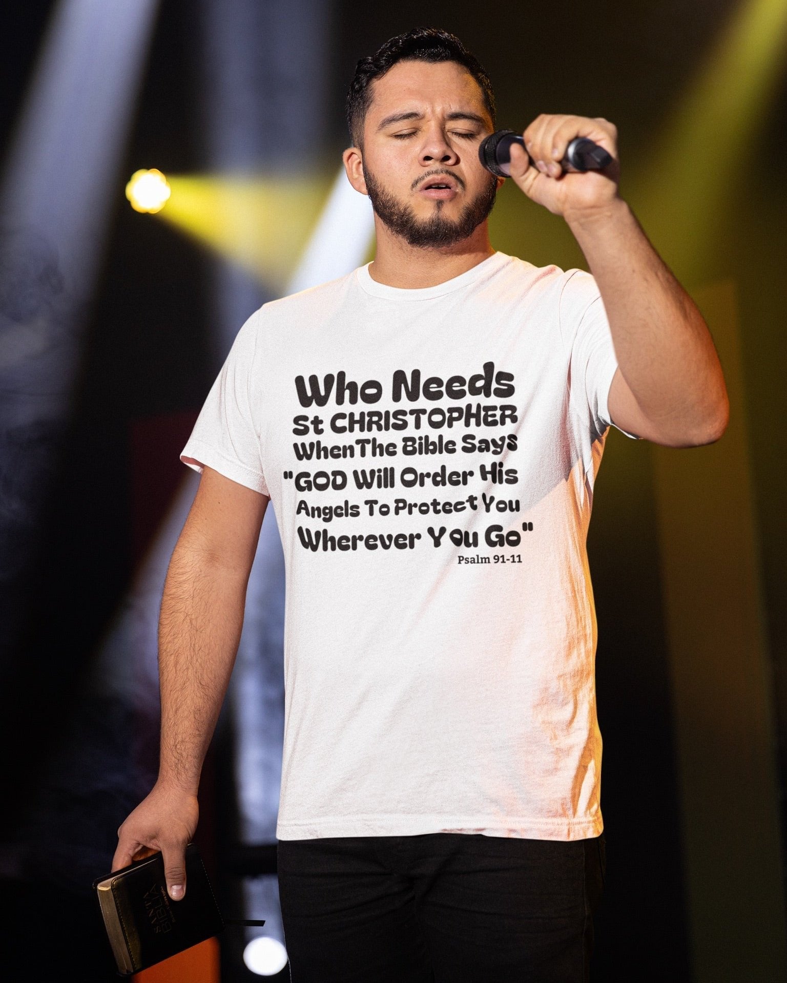 Psalms Angels "Who Needs St Christopher" Graphic Unisex White Tee Amour