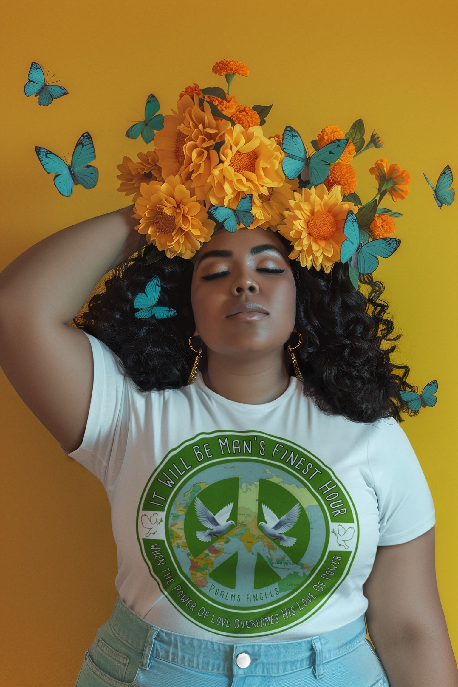 It will be man’s finest hour, when the power of love overcomes the love of power graphic white teeshirt from the Elemental range by Psalms Angels