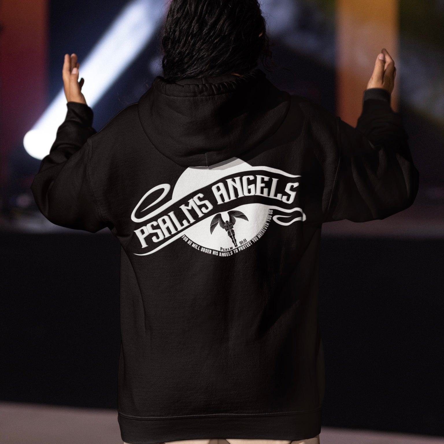 Psalm Verse 91:11 Unisex Premium Heavyweight 100% Organic Cotton Rear Printed Hoodie - Black Psalms 91.11