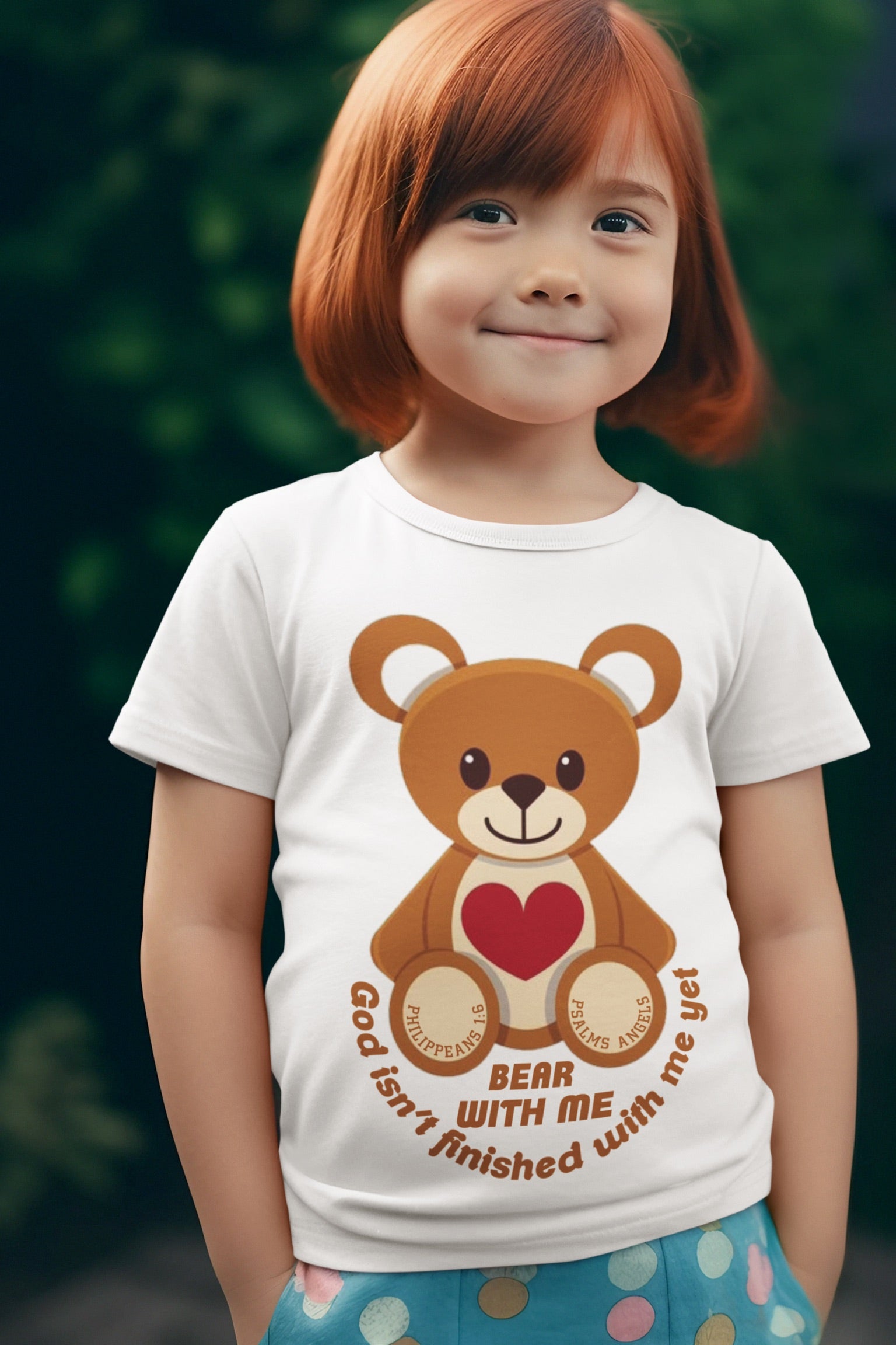 Bear With Me Bible Verse Organic Cotton Kids T-shirt in black or white, ages 3 - 14 Psalms 91.11