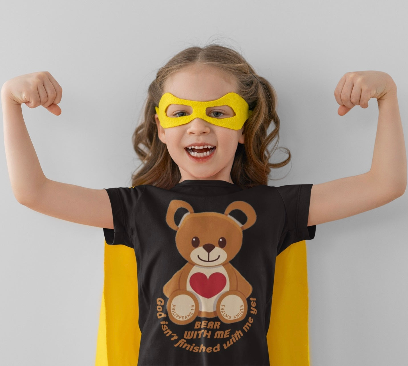 Bear With Me Bible Verse Organic Cotton Kids T-shirt in black or white, ages 3 - 14 Psalms 91.11