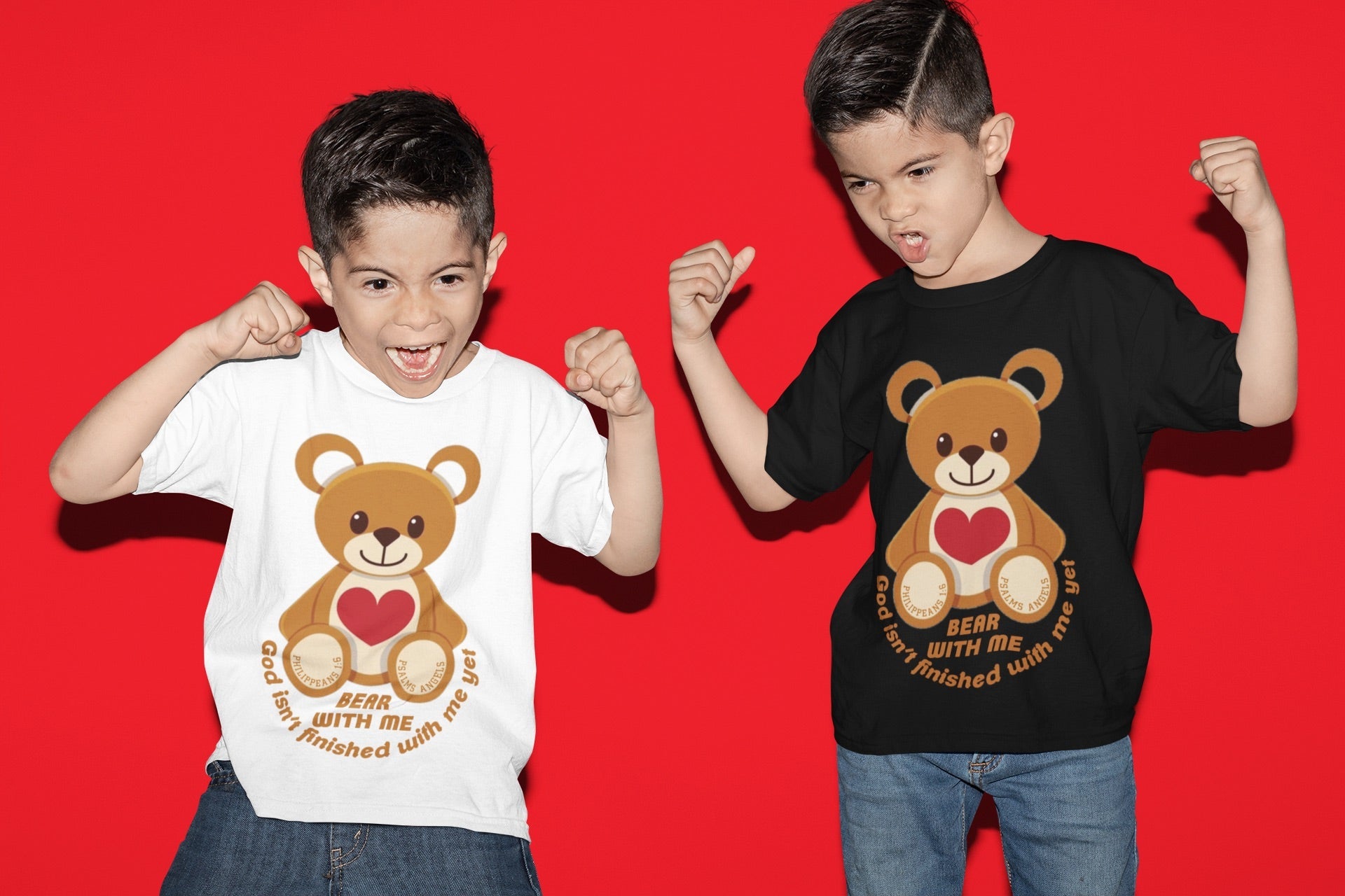 Bear With Me Bible Verse Organic Cotton Kids T-shirt in black or white, ages 3 - 14 Psalms 91.11