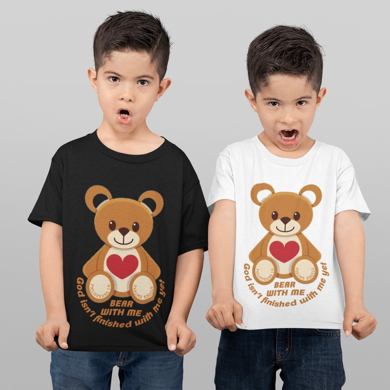Bear With Me Bible Verse Organic Cotton Kids T-shirt in black or white, ages 3 - 14 Psalms 91.11