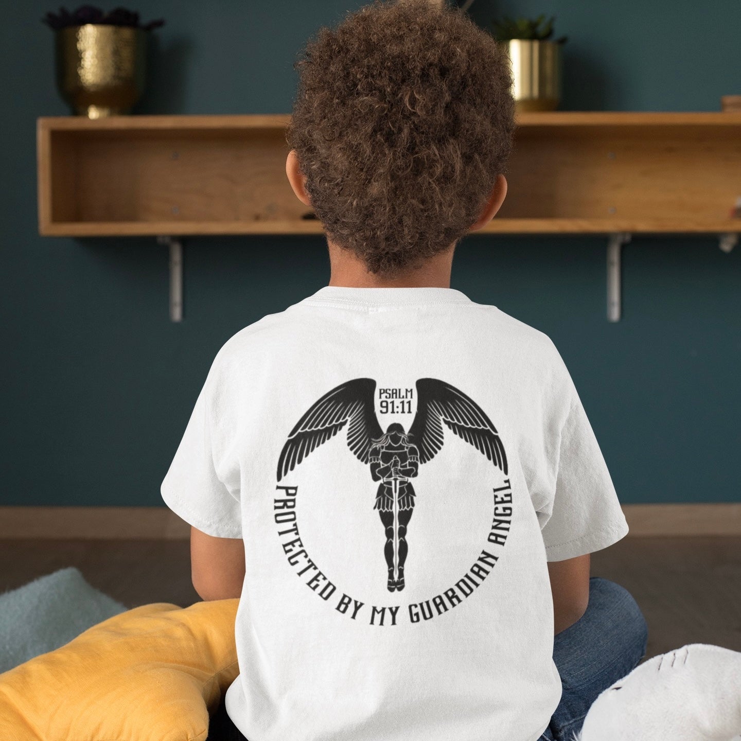 Protected By My Guardian Angel Organic Cotton Kids T-shirt ages 3-14 White Psalms 91.11